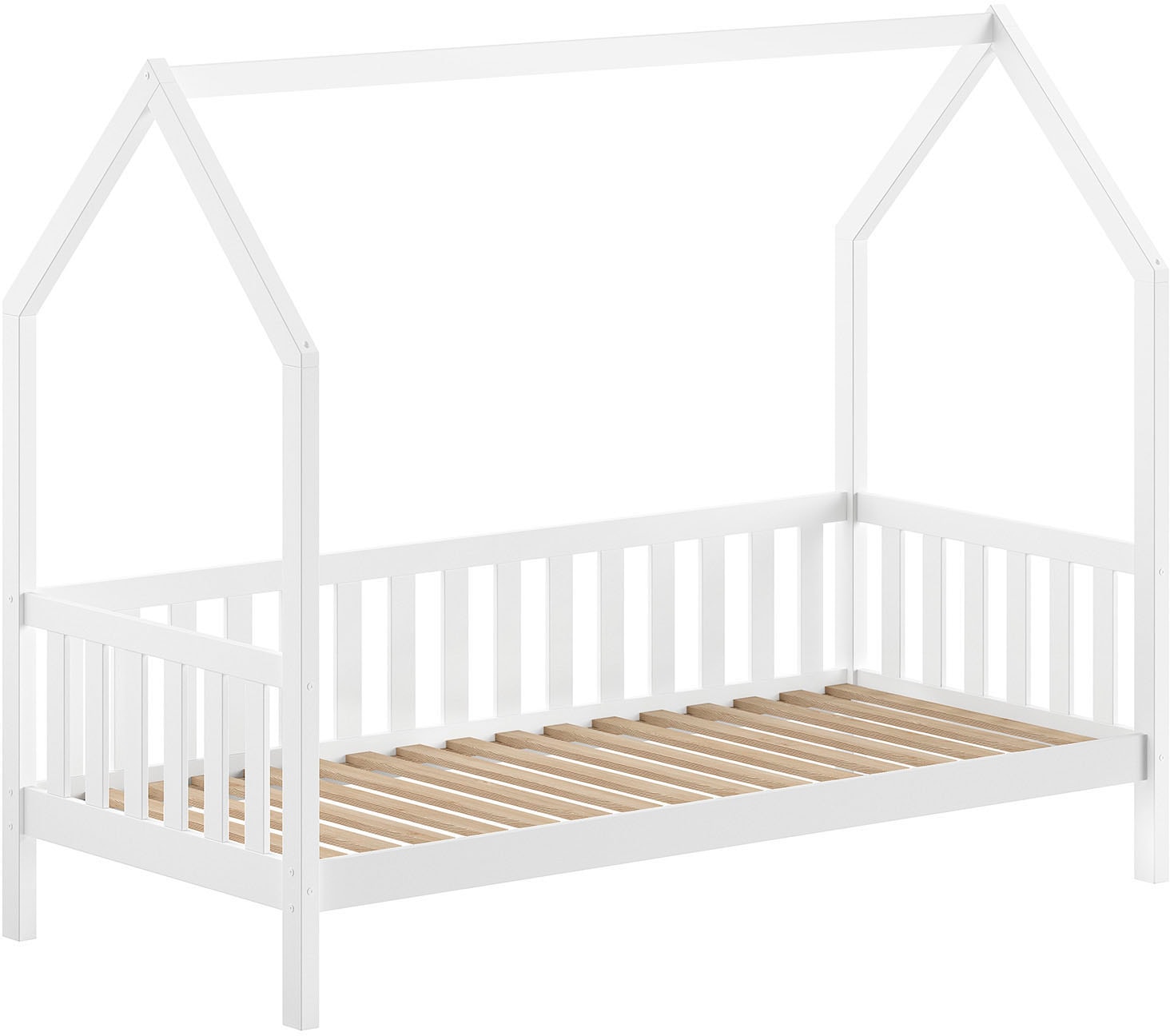 Vipack Hausbett »aus massiver Kiefer, natur oder weiß lackiert, stabil gebaut«, 90/200 inkl. Rolllattenrost, Sprossenumrandung u. Dachaufbau