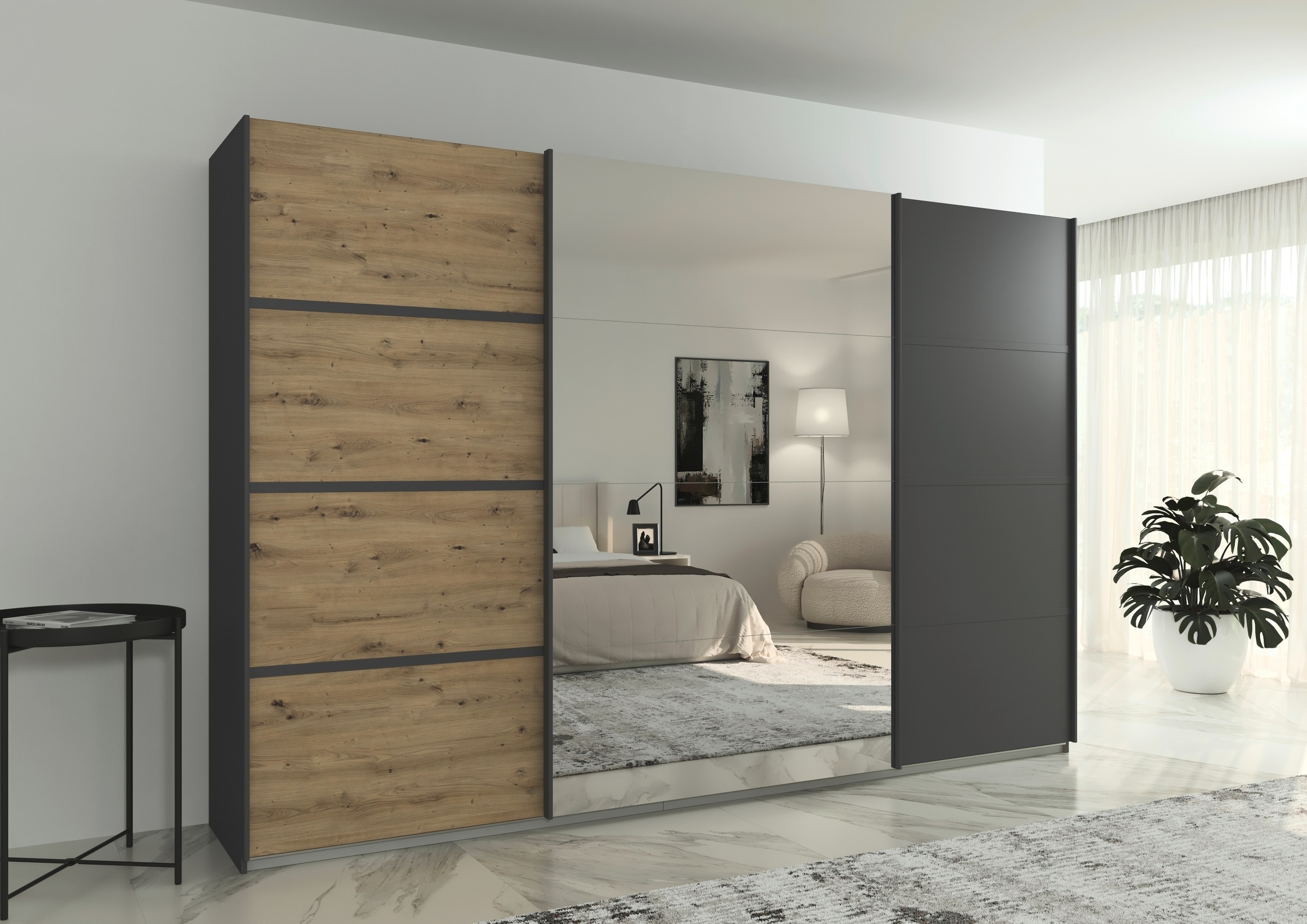 rauch Kleiderschrank »Schwebetürenschrank OTTO´s Choice Garderobe Schrank TOP ANGEBOT Avola«, (in 3 verschiedenen Ausstattungen BASIC/CLASSIC/PREMIUM inkl. Spiegel), mit eleganten Zierleisten in Chrom, Schwarz oder Weiß MADE IN GERMANY