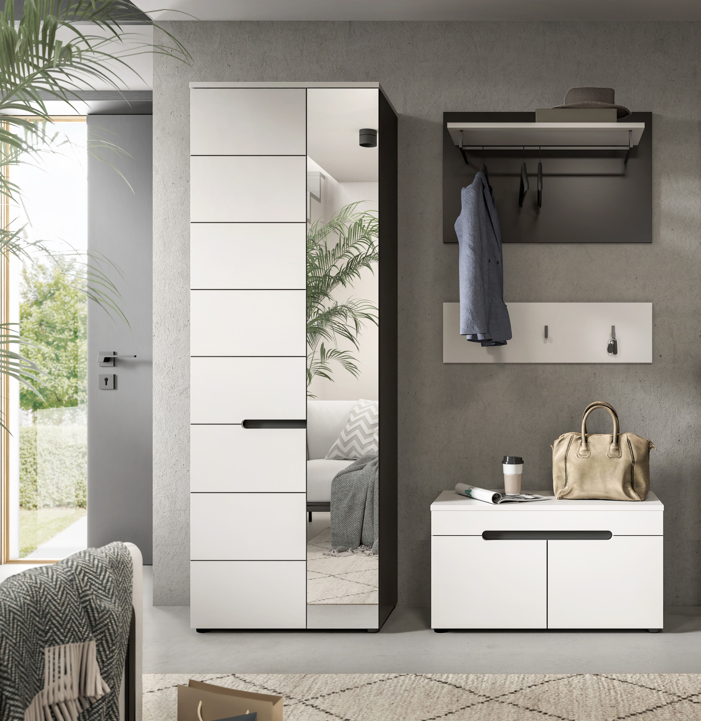 Home affaire Garderoben-Set »REHAT, TOPSELLER!, 4-teilig, Breite 160cm, individuell stellbar« bestehend aus: Garderobenschrank, Sitzbank, Paneel, Hakenleiste, 3 Stk. tlg.