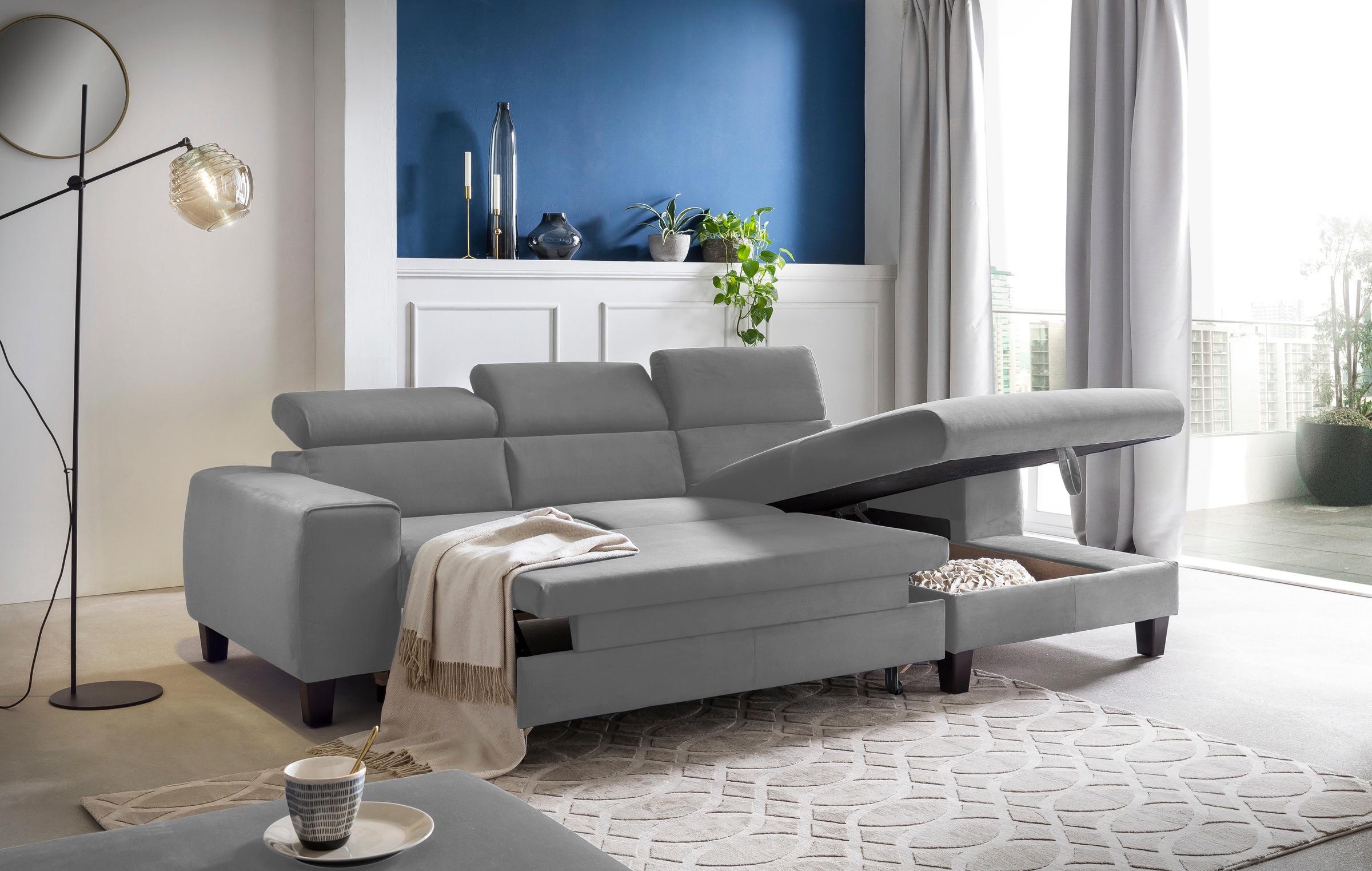 COTTA Ecksofa »Morven L-Form mit Kopfteilverstellung«, wahlweise mit Bettfunktion, Bettkasten & Wireless-Charger