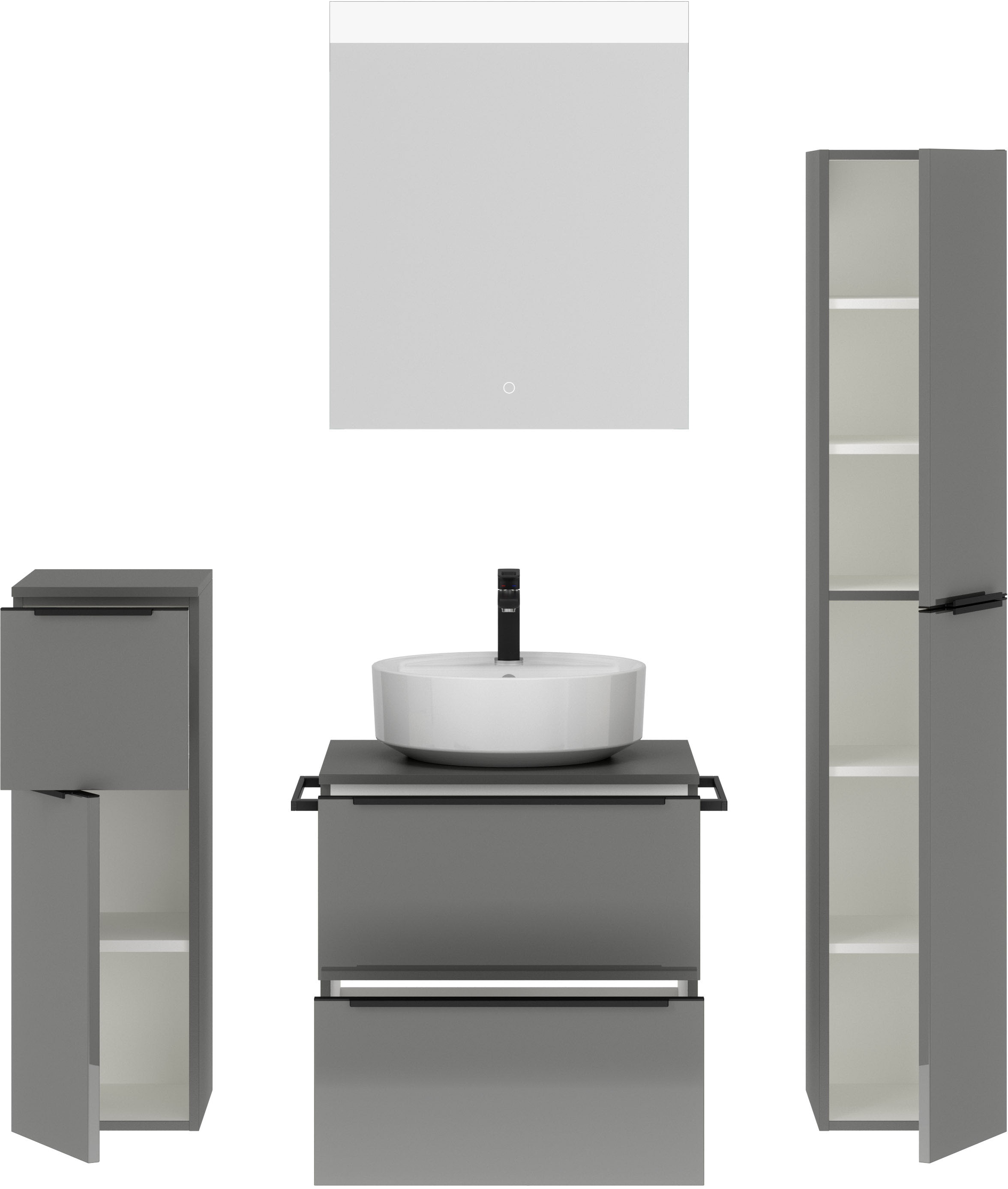 nobilia® Badmöbel-Set »Alvene«, (4 St., vormontiert, mit Soft-Close), Hochglanz, inkl. Spiegel mit Touch-Sensor, in vier Breiten