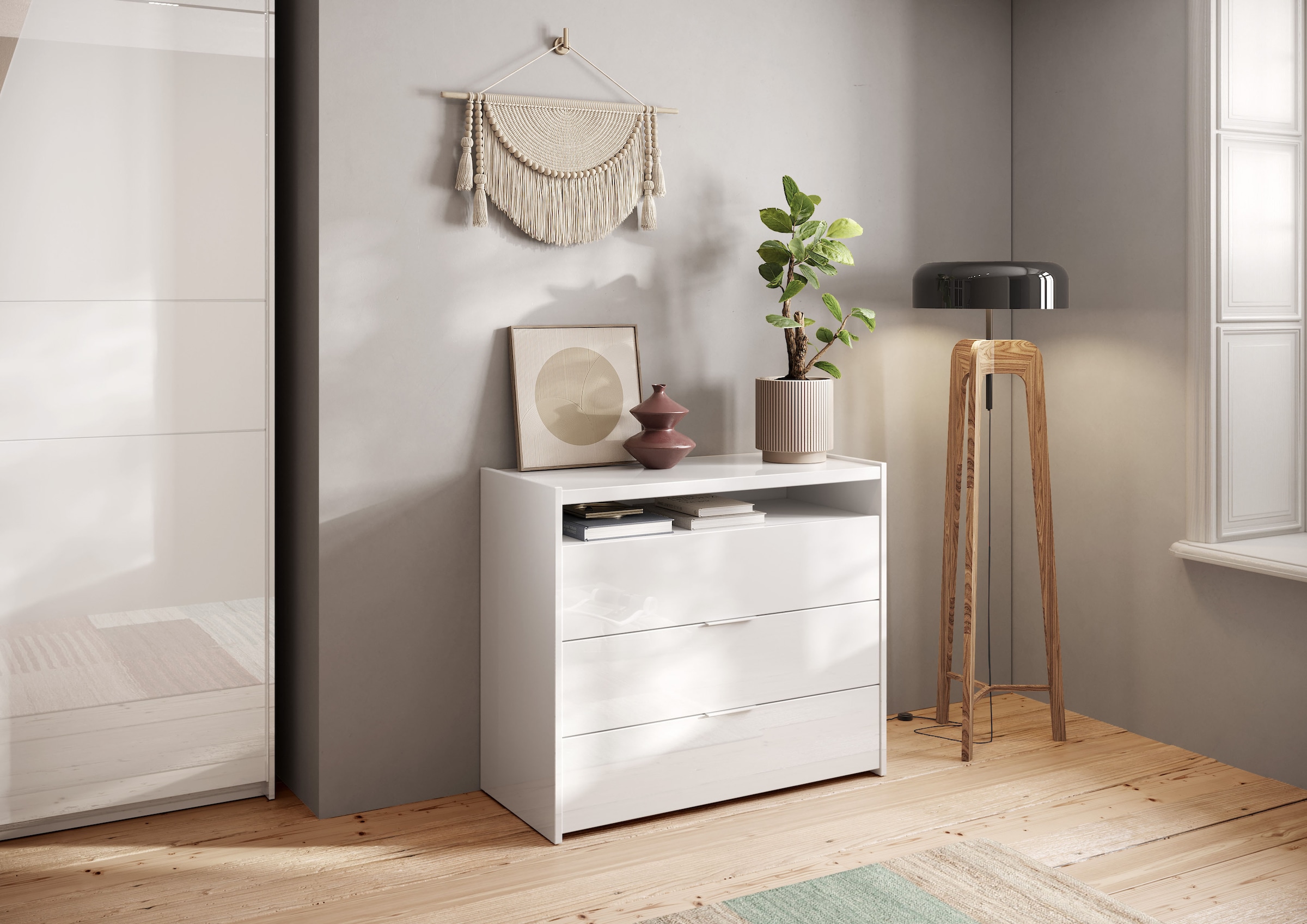 INOSIGN Kommode »Malmo, Schubkastenkommode B/T/H 111/50/95 cm, mit 3 Schubkästen,«, offene Ablage, Top 22 mm stark, Metallgriff, Weiss Hochglanz Lack