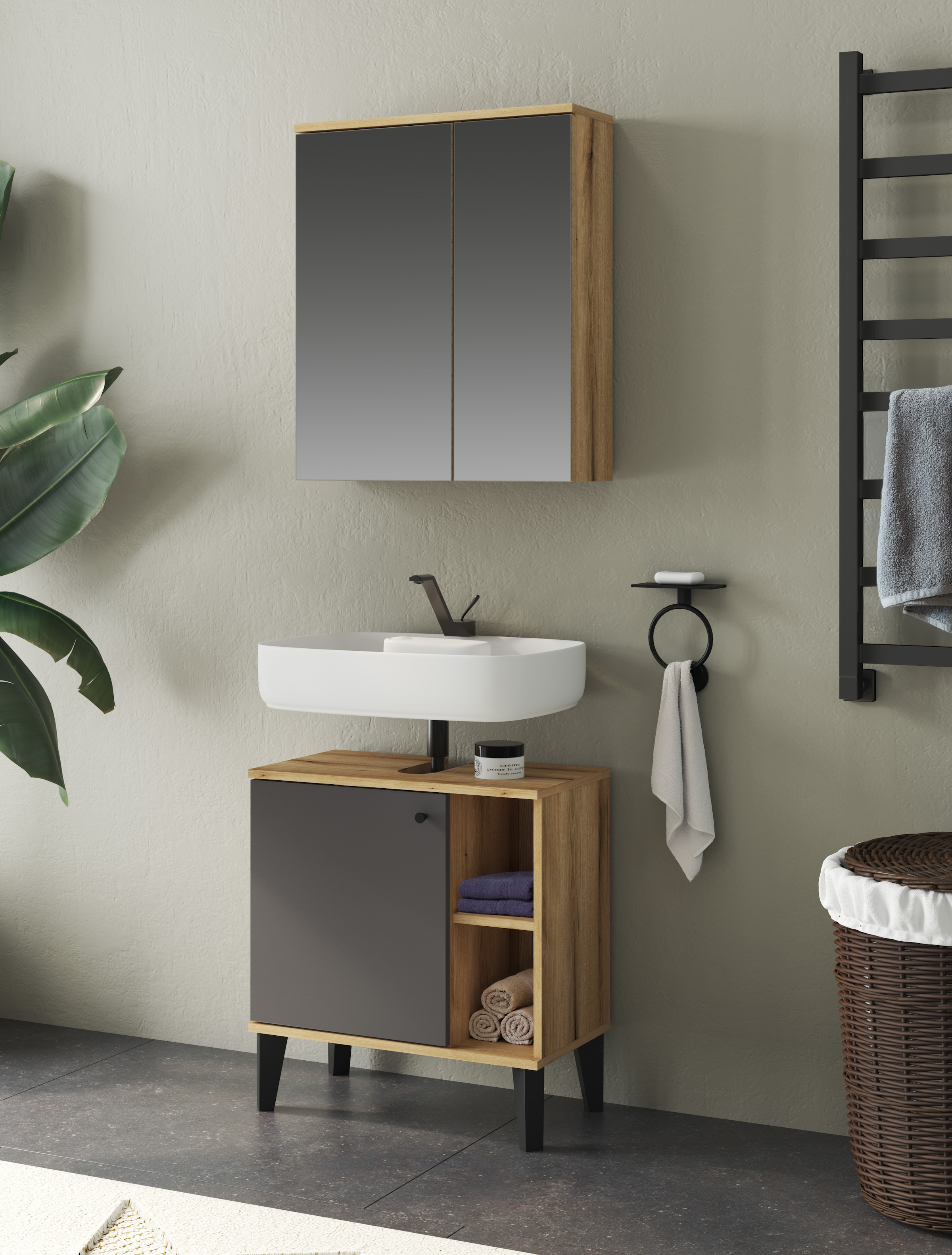 INOSIGN Badmöbel-Set »OSLO, Bad im skandinavischen Design, 2-teiliges Badezimmer«, (Set, 2 St.), Unterschrank und Spiegel, in zwei Farben verfügbar, viel Stauraum