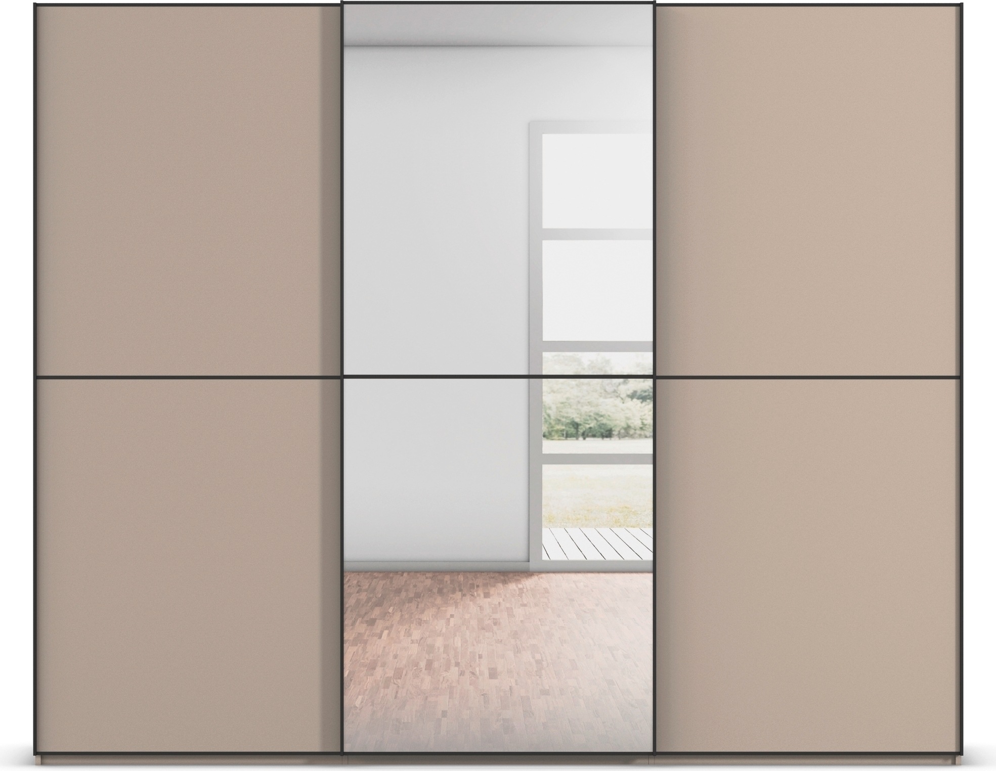 rauch Schwebetürenschrank »Kleiderschrank Schrank Garderobe Schlafzimmerschrank SCALE-DUO«, edle zweigeteilte Türen, Spiegel und 3 Zierleisten MADE IN GERMANY