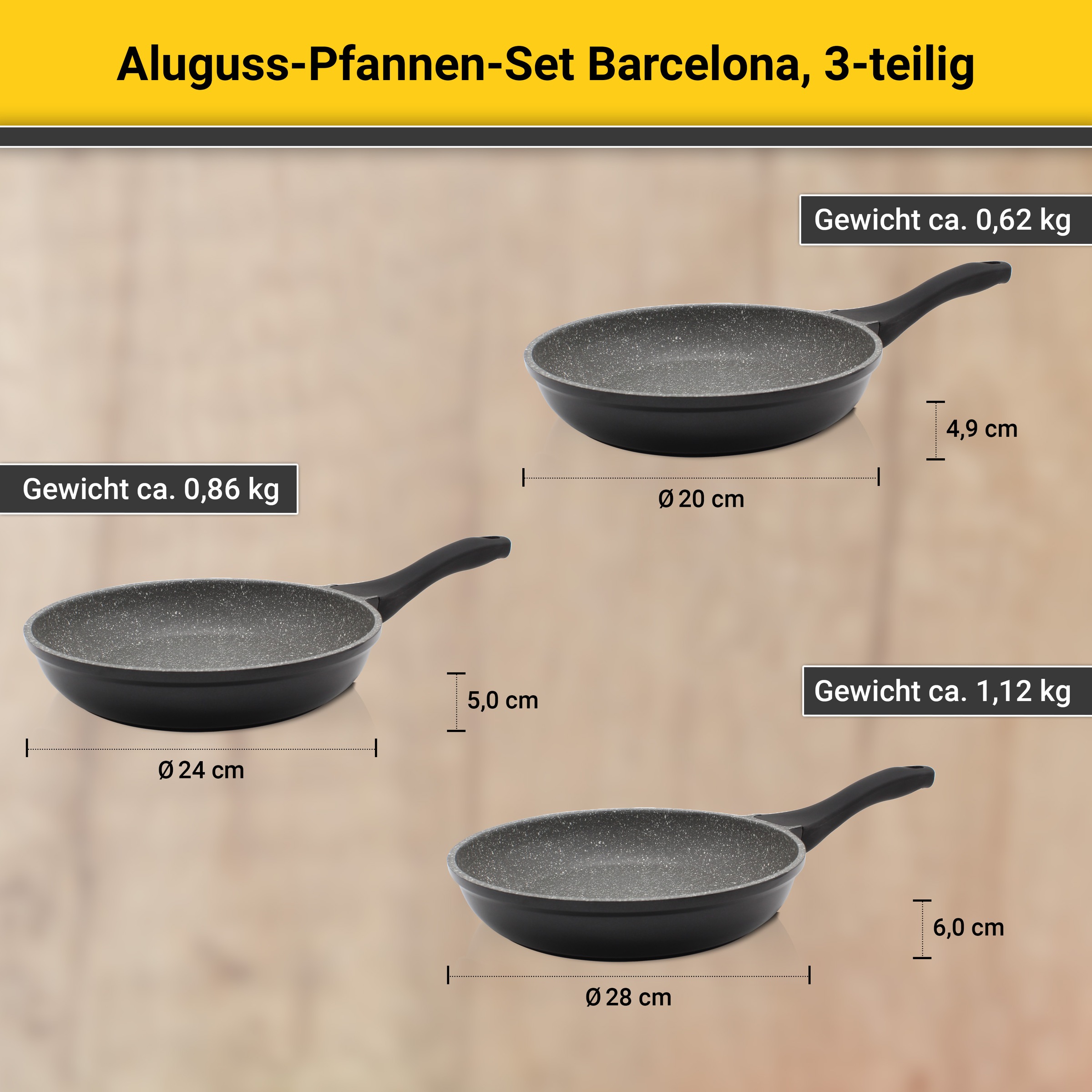 Krüger Pfannen-Set »Barcelona«, Aluminiumguss, (Set, 3 tlg.), Ø 20/24/28 cm, Induktion