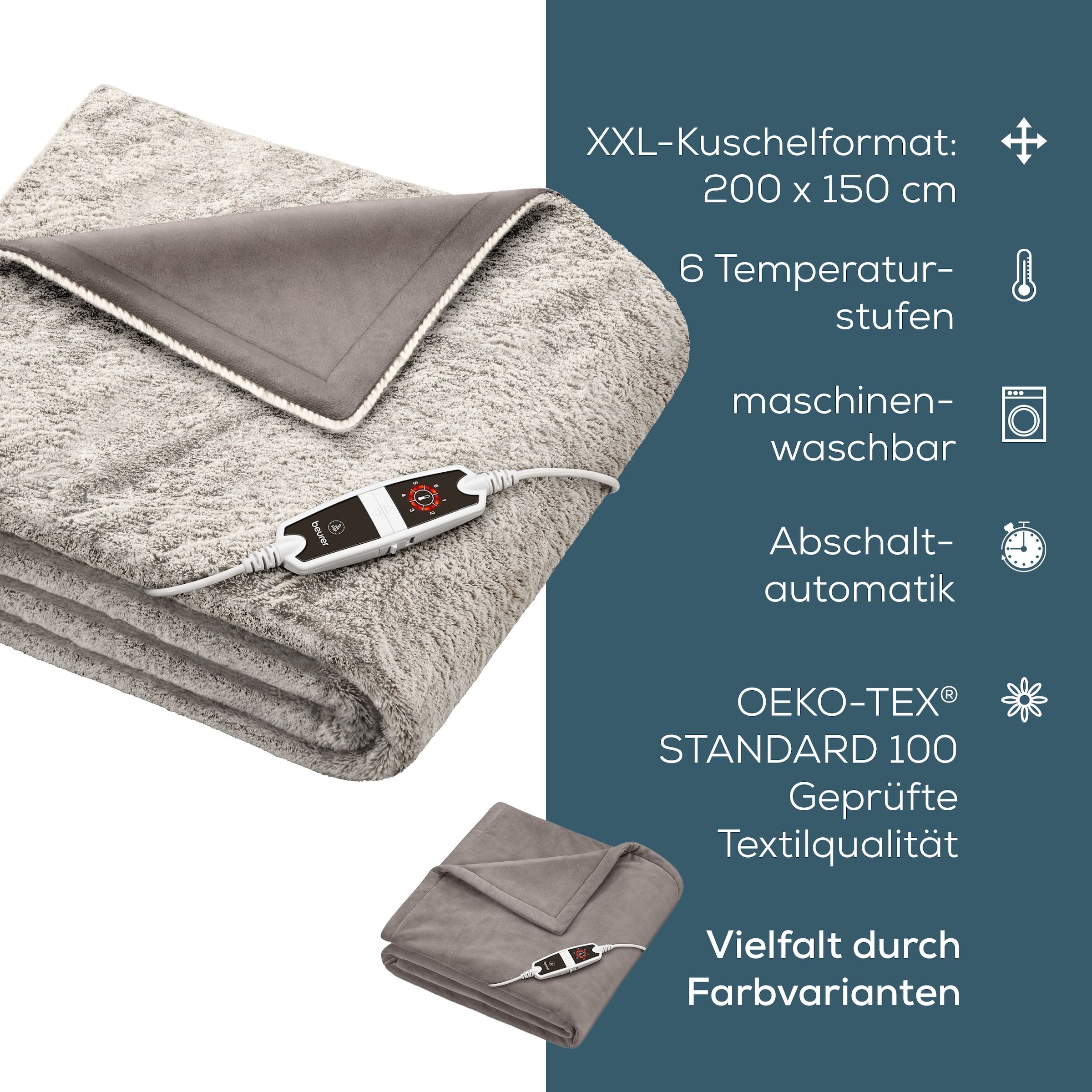 BEURER Heizdecke »Beurer HD 150 Heizdecke XXL taupe, elektrische Kuscheldecke«, 6 Temperaturstufen, kuscheliges Material, maschinenwaschbar