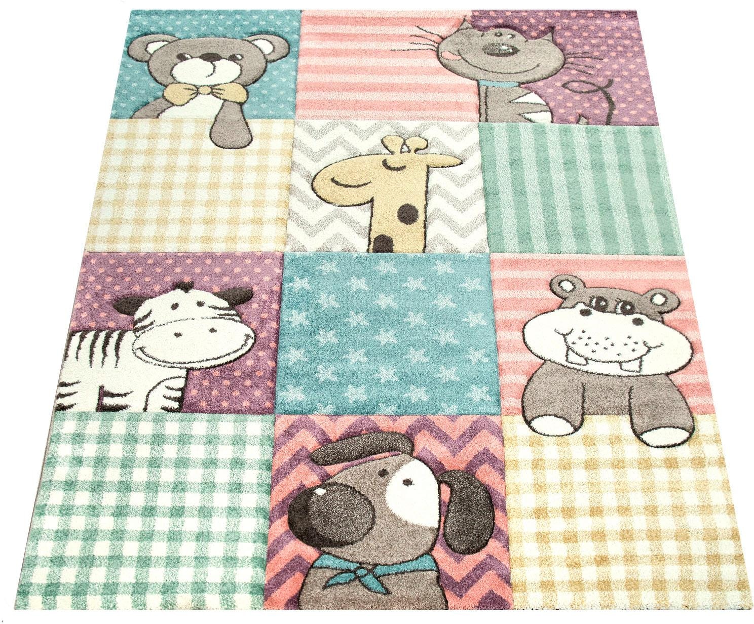 Paco Home Kinderteppich »Cosmo 906«, rechteckig, 3D-Design, Patchwork Muster, Motiv Tiere & Sterne, Pastell Farben