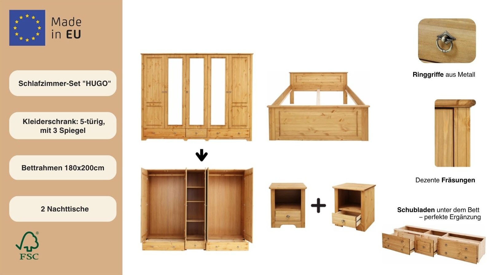 Home affaire Schlafzimmer-Set »Hugo« Set, 4 Stk. tlg. Bett 180x200 cm, 5-trg Kleiderschrank und 2 Nachttische