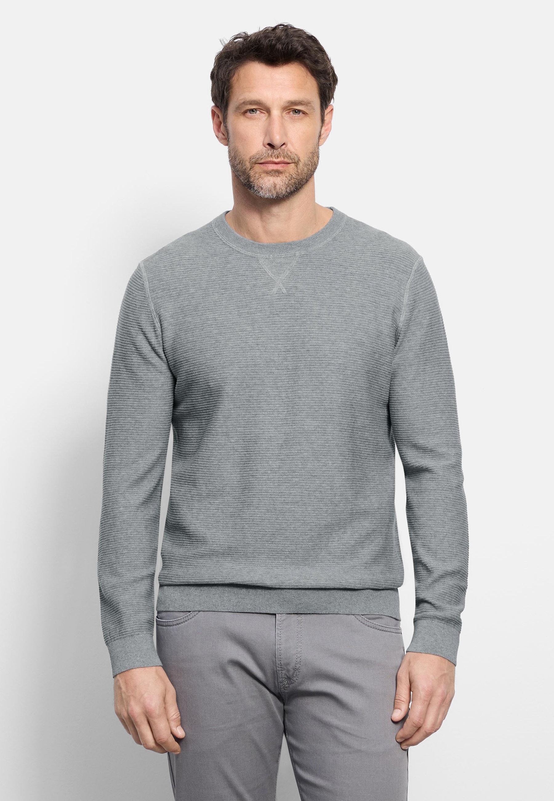 Rundhalspullover OLYMP "OLYMP Strick Casual", Herren, Gr. XL, grau, Obermaterial: 100% Baumwolle, schmal, Rundhals, Pullover Rundhalspullover, mit modischem Strukturmuster