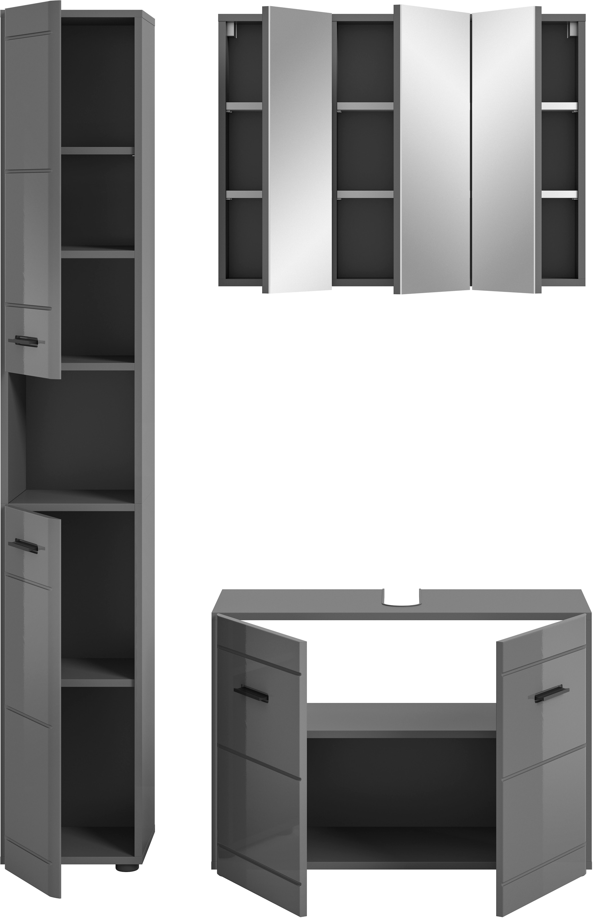 welltime Badmöbel-Set »Doux, bestehend aus: Hochschrank, Waschbeckenunterschrank,«, (3 St.), Spiegelschrank, hochwertige hochglanz MDF Front mit Rillenfräsung