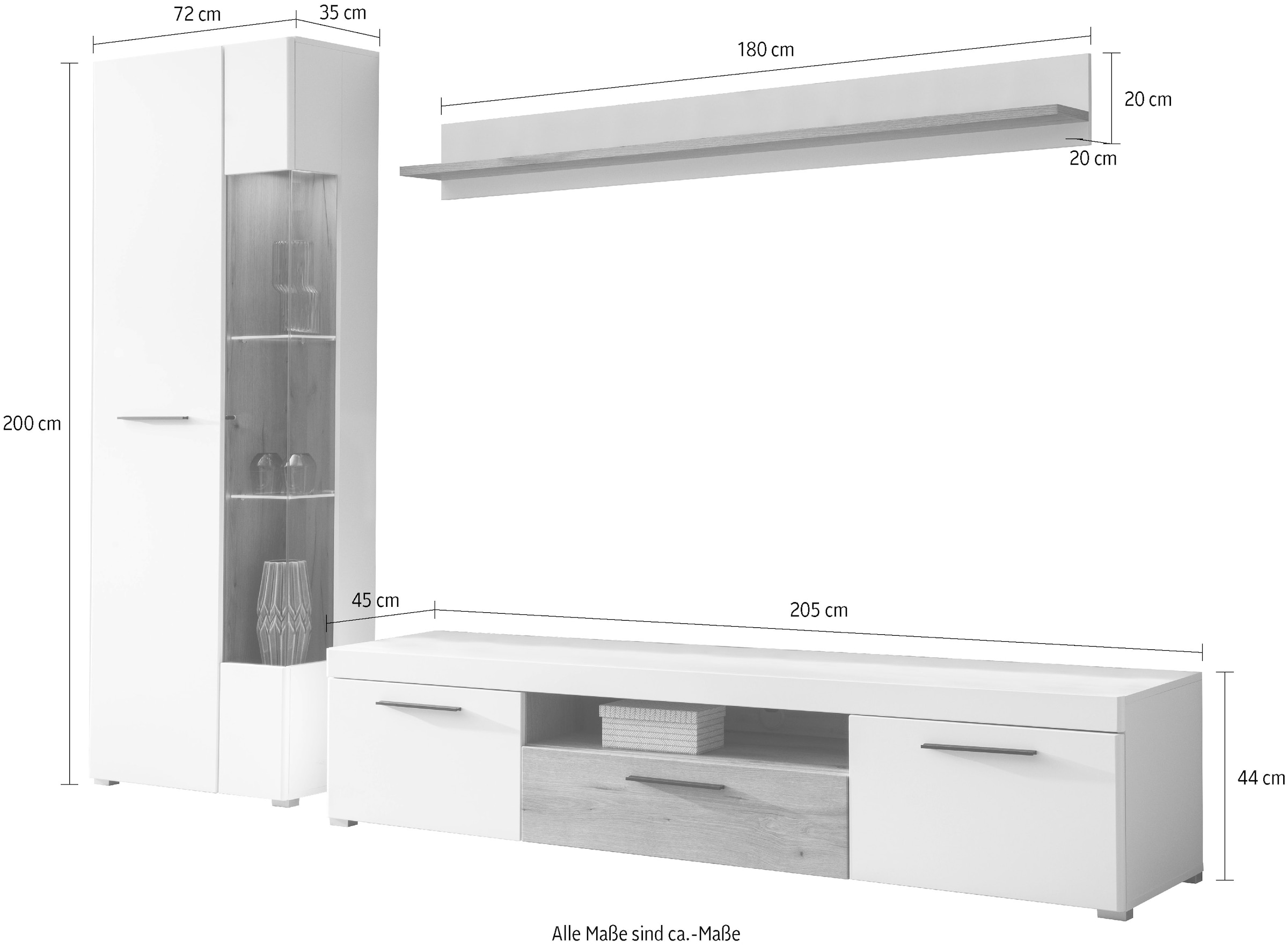 INOSIGN Wohnwand »Salerno, moderne Anbauwand, Wohnzimmer-Set, Weiß mit Eiche Evoke Dekor«, (Set, 3 St.), enthält Vitrine, Lowboard + Wandboard, Metallgriffe, 287 cm breit