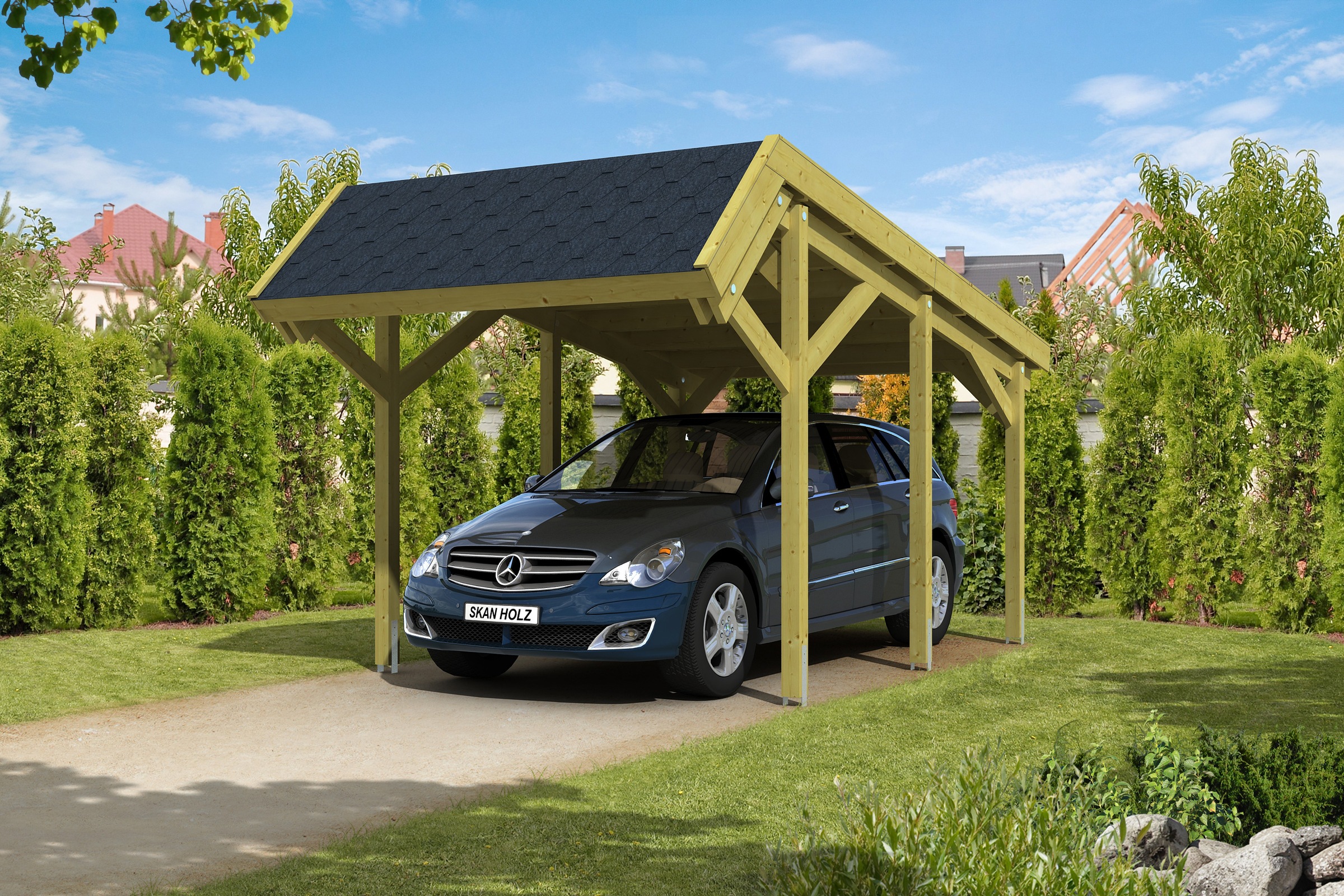 Skanholz Einzelcarport »Harz«, Nadelholz, 291 cm, Grün, mit schwarzen Schindeln