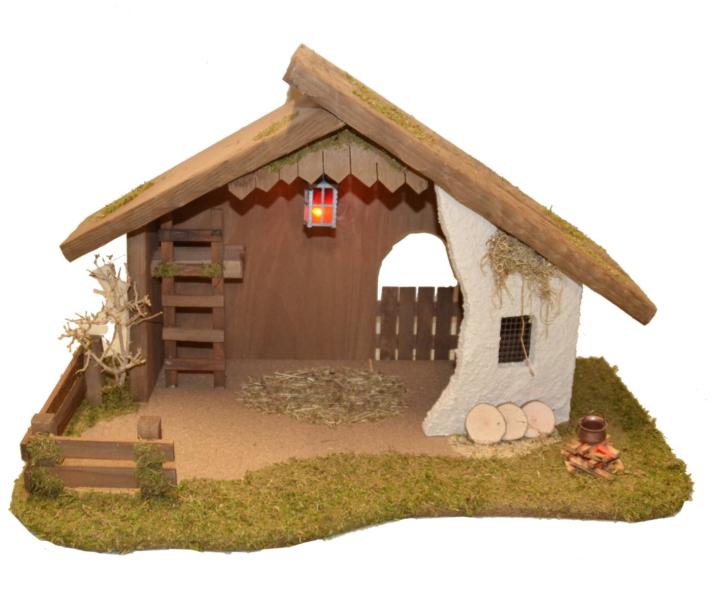 Alfred Kolbe Krippe »Krippenstall mit Trafo«, (Set), mit Laterne, Busch, Lagerfeuer, Holz, 11 cm Figuren 11tlg