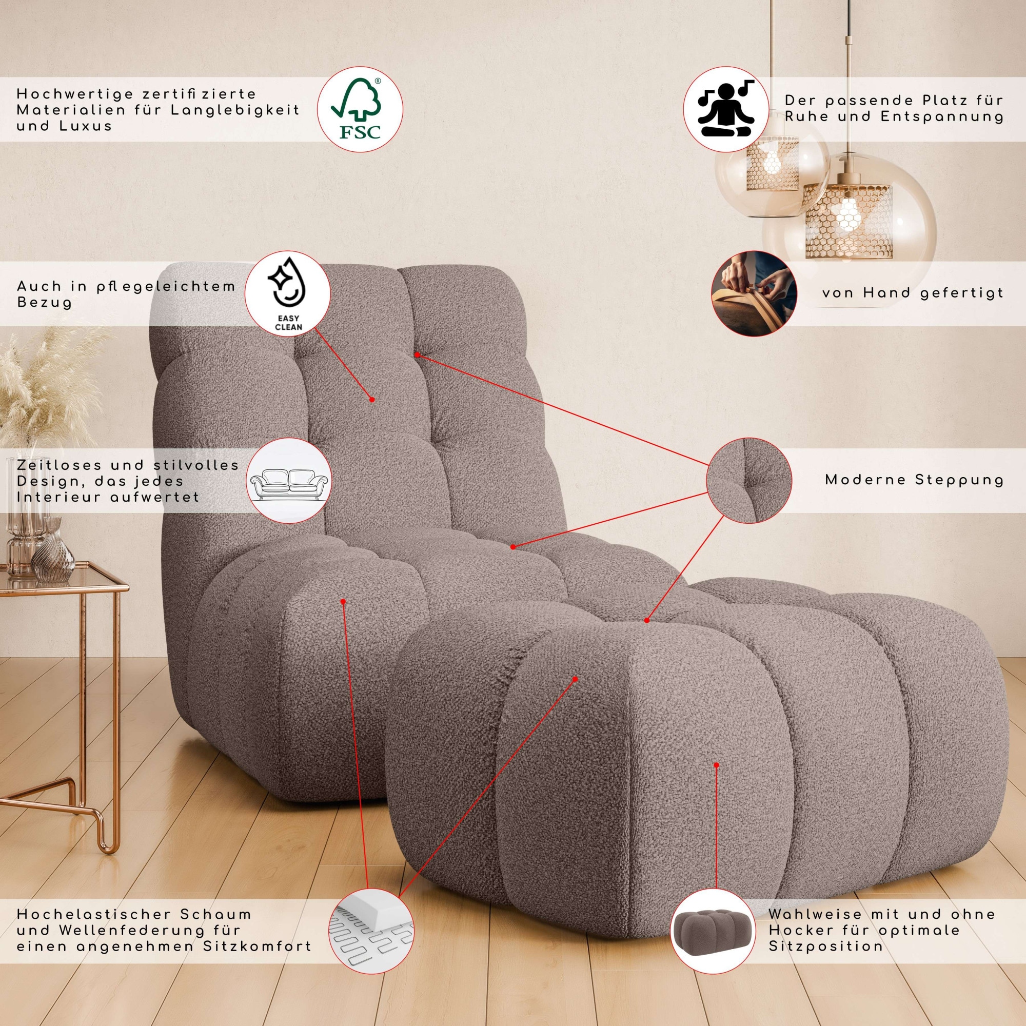 Guido Maria Kretschmer Home&Living XXL-Sessel »AURELIAN Loveseat XXL mit Hocker im Set, Lese-Sessel, Relaxsessel,«, mit Wellenunterfederung, Struktur fein, Struktur grob, Velours
