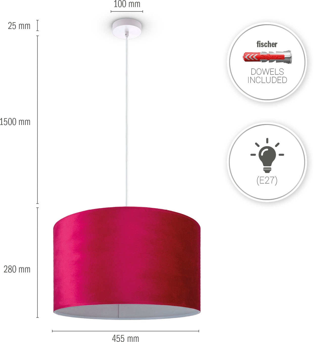 Paco Home Pendelleuchte »Hugo uni Color«, Leuchtmittel E27 | ohne Leuchtmittel, Wohnzimmer Lampenschirm aus Velour Unifarben Deko E27 Kabel 1,5m