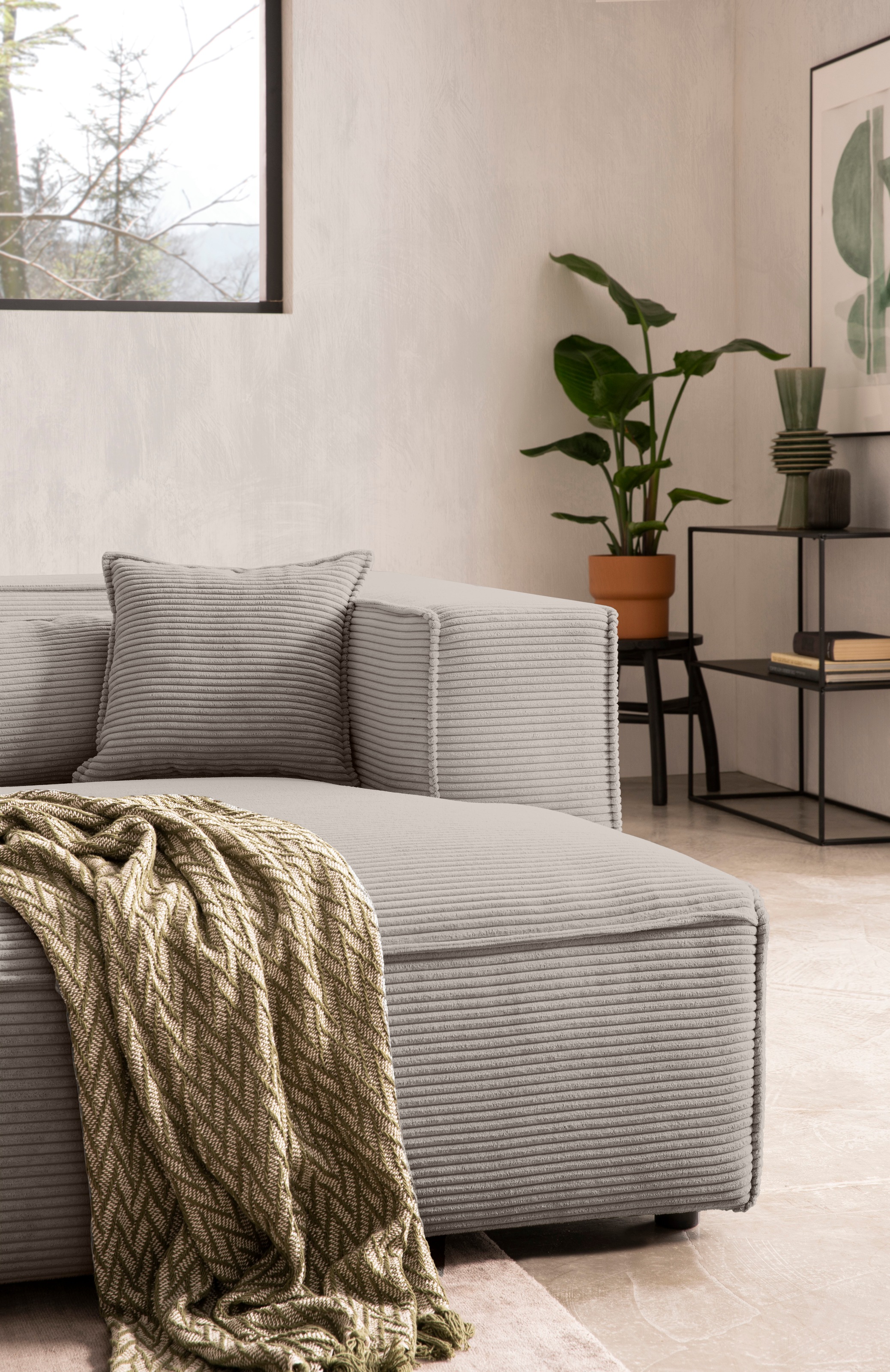LeGer Home by Lena Gercke Ecksofa »PIARA mit Kedernaht, Cord, Leinenoptik o. Strukturstoff, Couch, L-Form«, wahlweise Ottomane rechts/links, schwarze Füße, bequemer Sitzkomfort