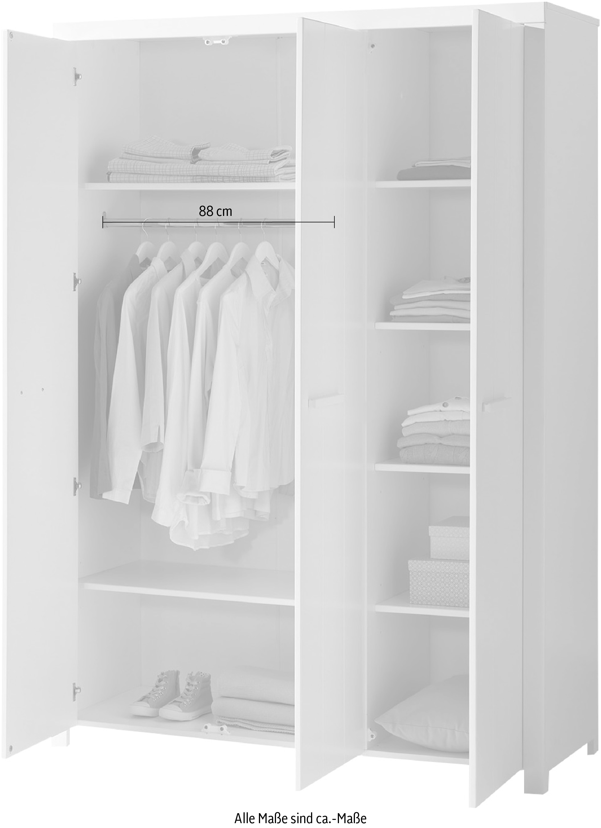 Vipack Kleiderschrank, (Made in Europe), Geräumiger 3-trg. inkl. Wäscheeinteilung, Ausf. weiß lackiert