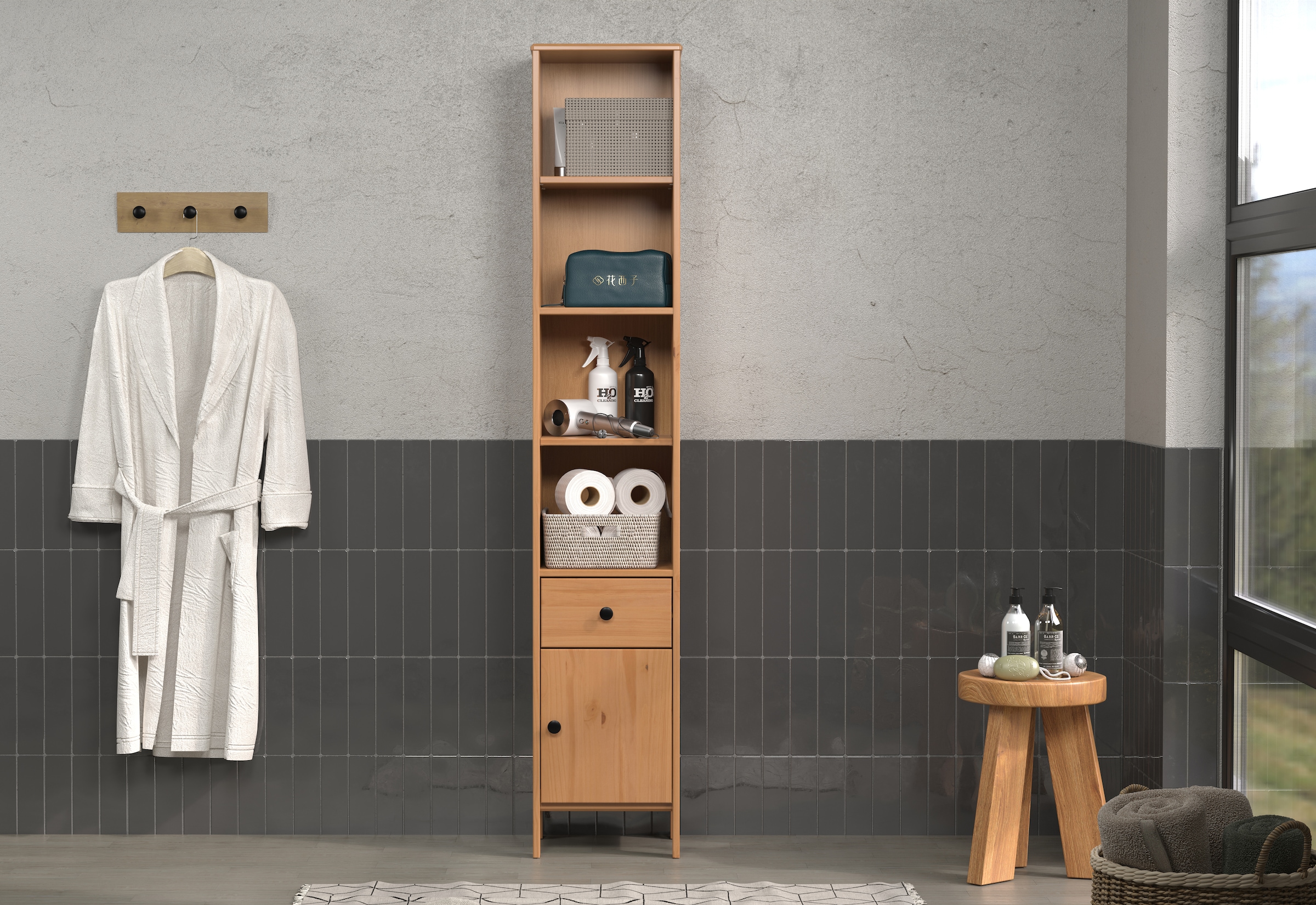 welltime Hochschrank »Kall«, (1 St.), Badschrank aus Kiefer-Massivholz mit Schublade - (B/T/H) 35/33/188 cm