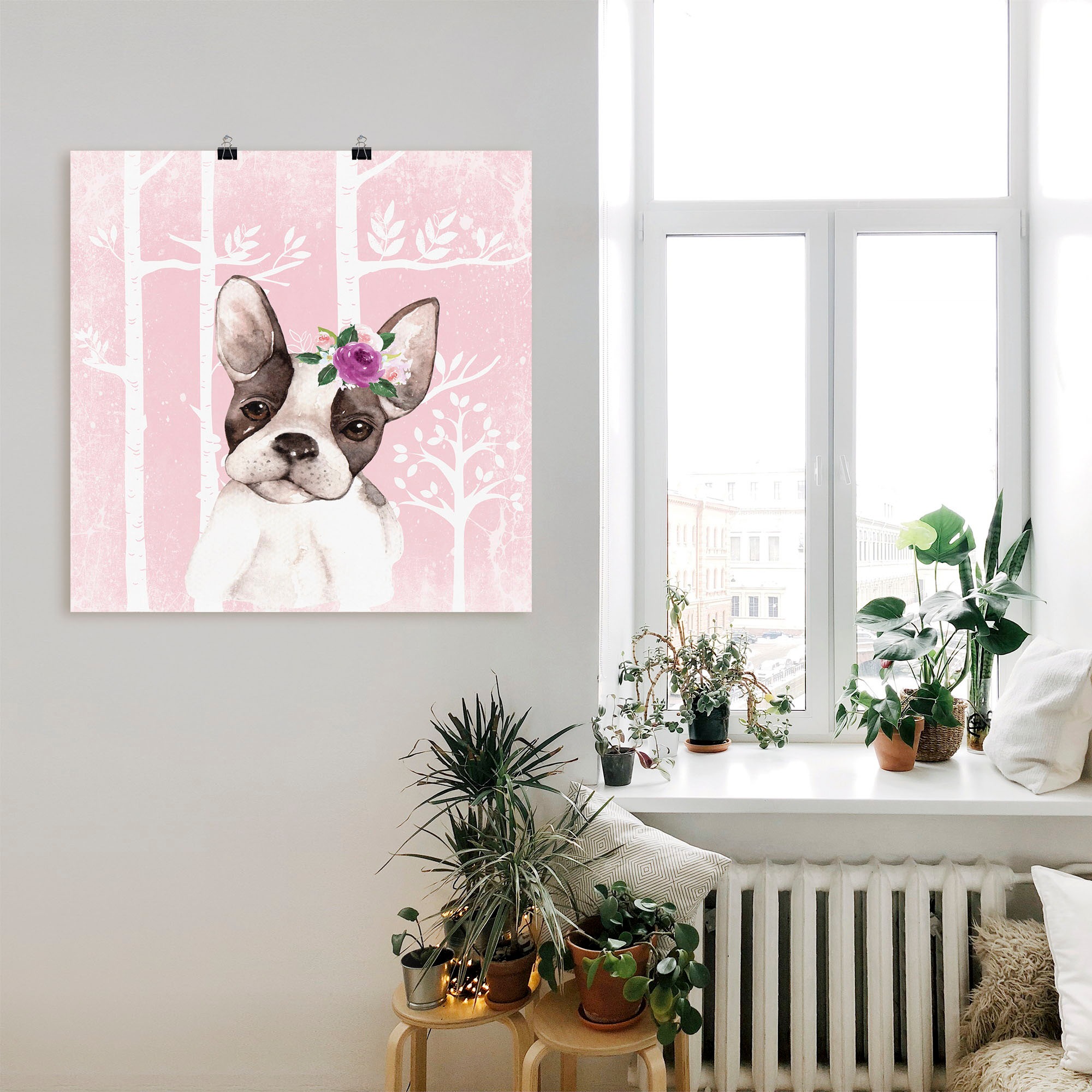 Artland Wandbild "Mops Hund mit Blumen im pink Wald", Tiere, (1 St.), als P günstig online kaufen