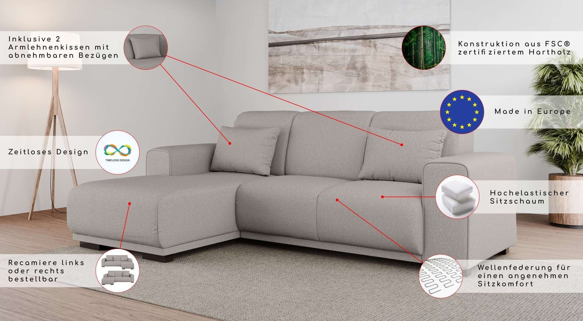Home affaire Ecksofa »BORNHOLM L-Form mit Recamiere, Maße B/T/H: 234/162/85 cm«, Recamiere links oder rechts bestellbar, Wellenfederung, inkl. 2 Kissen