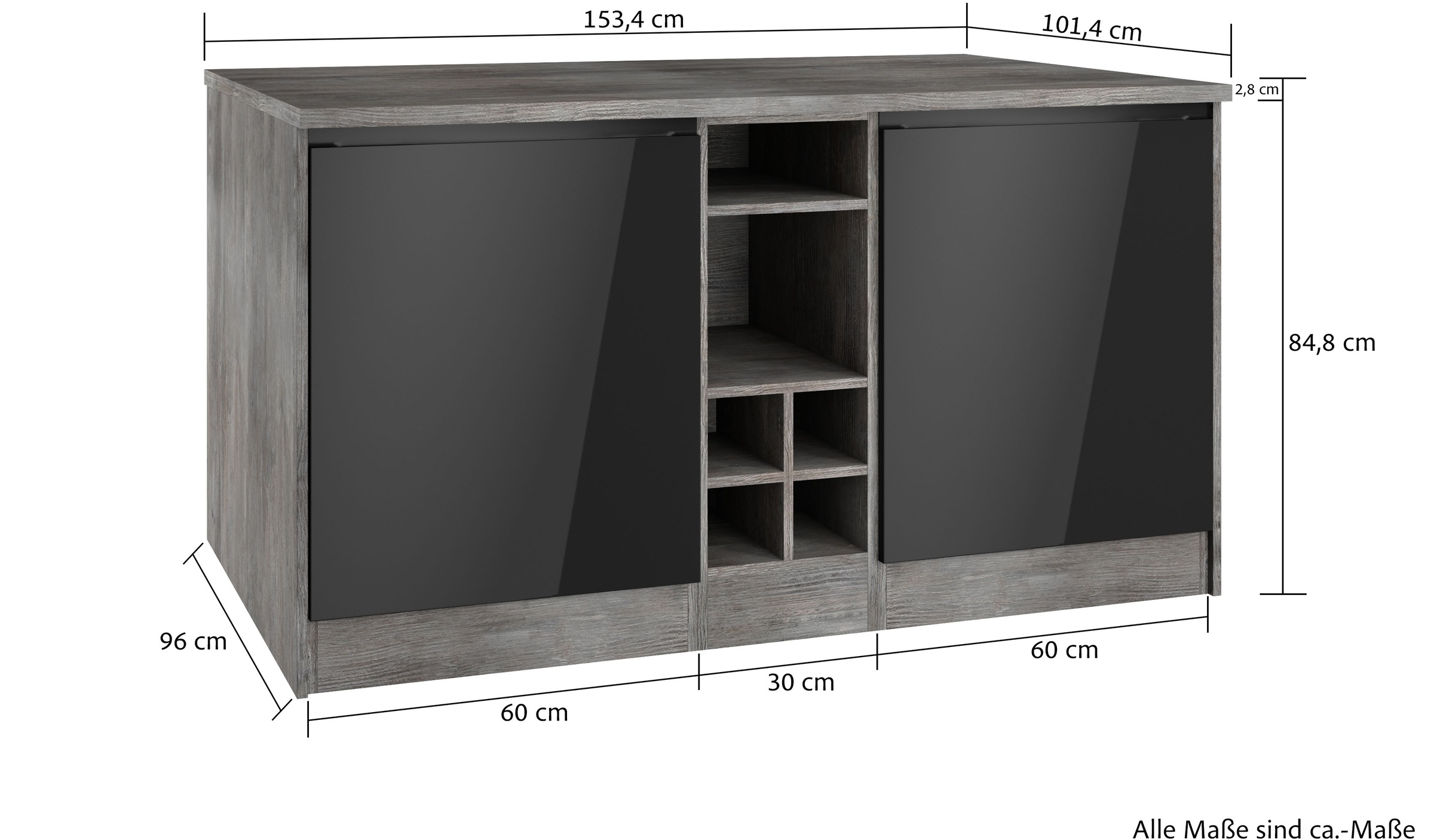 KOCHSTATION Kücheninsel »KS-Virginia«, Breite 153 cm, MDF-Fronten, Flaschenregal