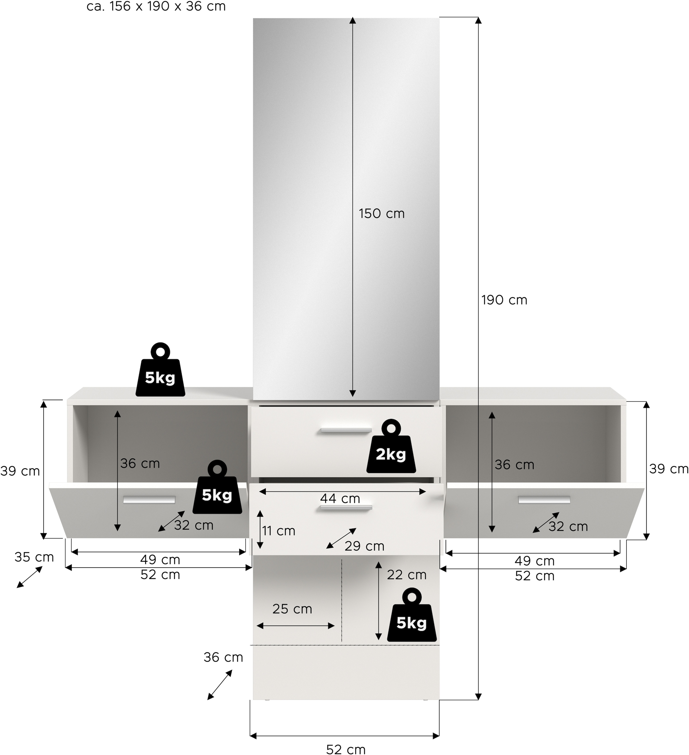 INOSIGN Garderoben-Set, (Set, 3 St.), Lumo, Garderobenset Breite 156 cm, Spiegel, 2 Schubladen, Flur, Diele