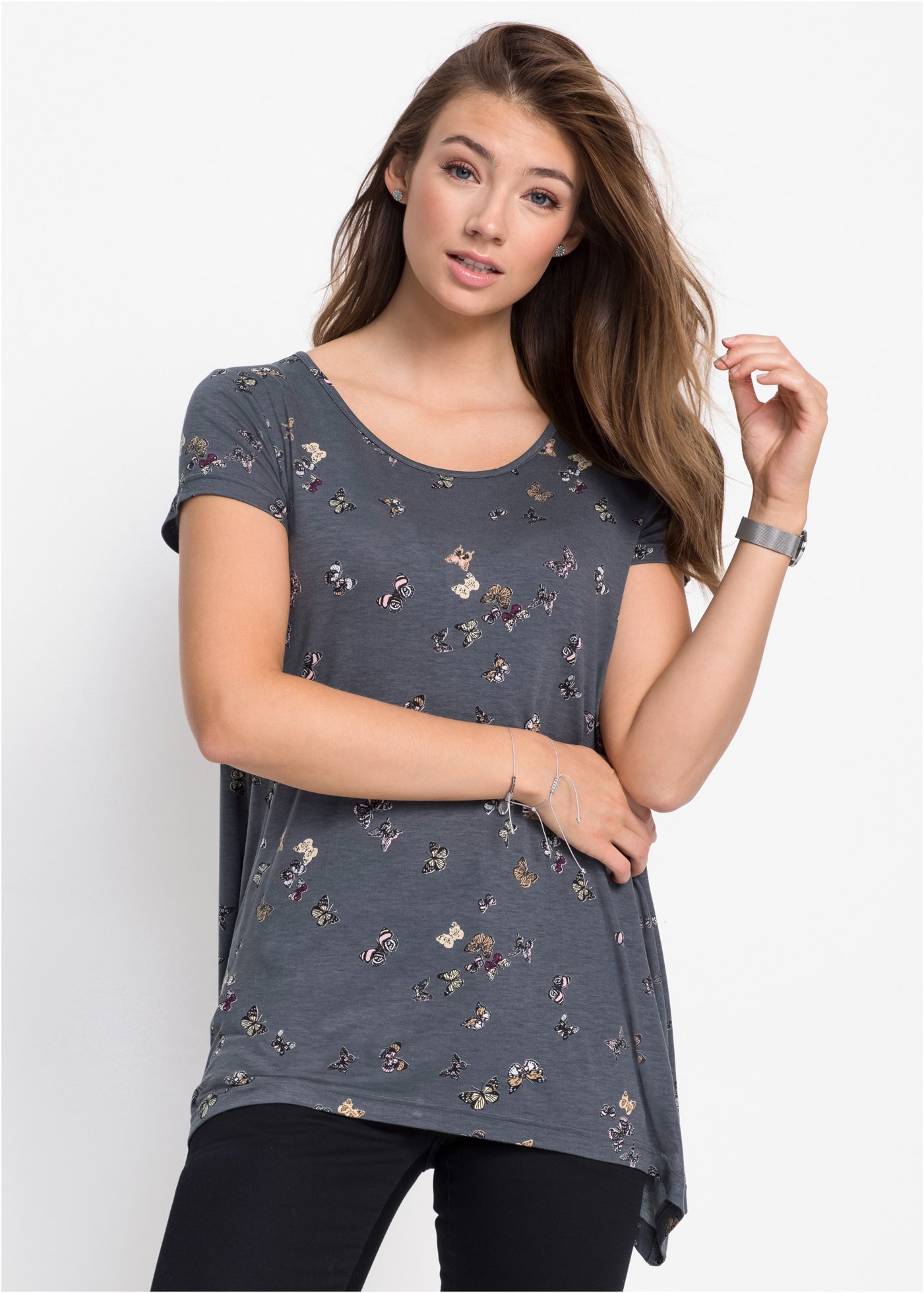 bonprix T-Shirt leicht ausgestellter Schnitt, verlängerte Saumseiten günstig online kaufen