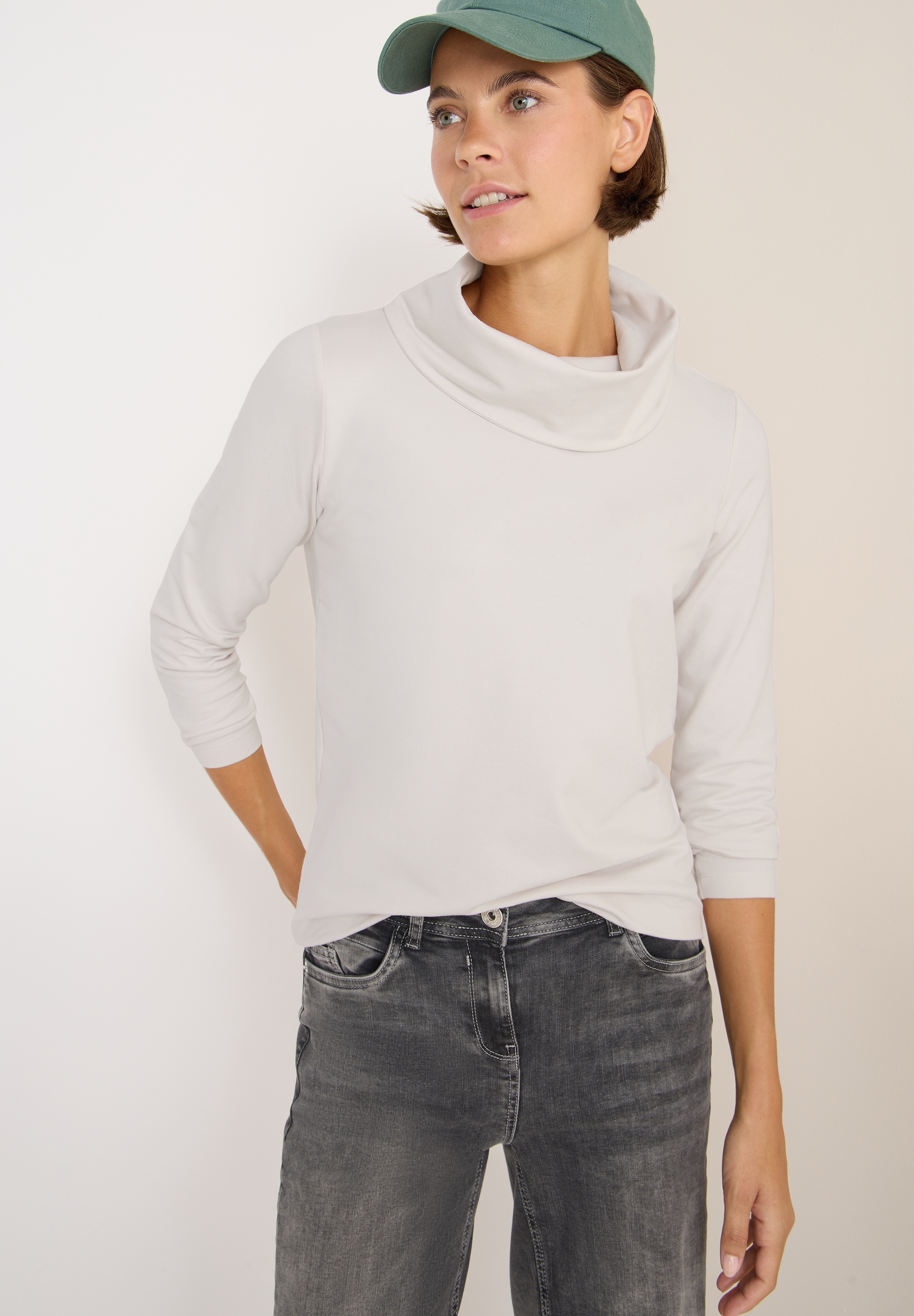 3/4-Arm-Shirt CECIL, Damen, Gr. L (42), light greige, Jersey, Obermaterial: 63% Modal, 35% Baumwolle, 2% Elasthan, unifarben, lässig geschnitten, Rundhals, Shirts 3/4-Arm-Shirt, mit großem Kragen