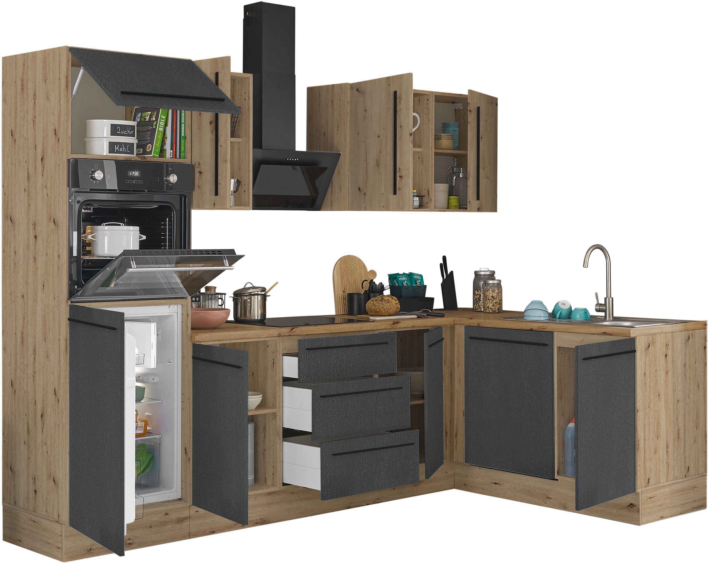 KOCHSTATION Winkelküche »Florida, Stellbreite 280x165 cm«, wahlweise mit E-Geräten, mit Softclose für Türen und Schubkästen