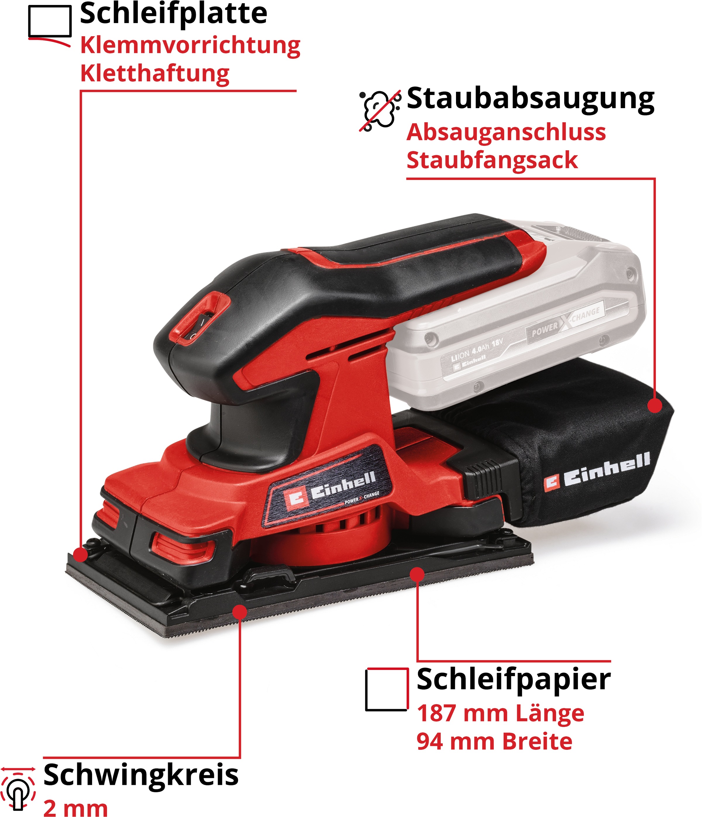 Einhell Schwingschleifer »Akku-Schwingschleifer TC-OS 18/187 Li Solo«, (2 tlg.), ohne Akku und Ladegerät