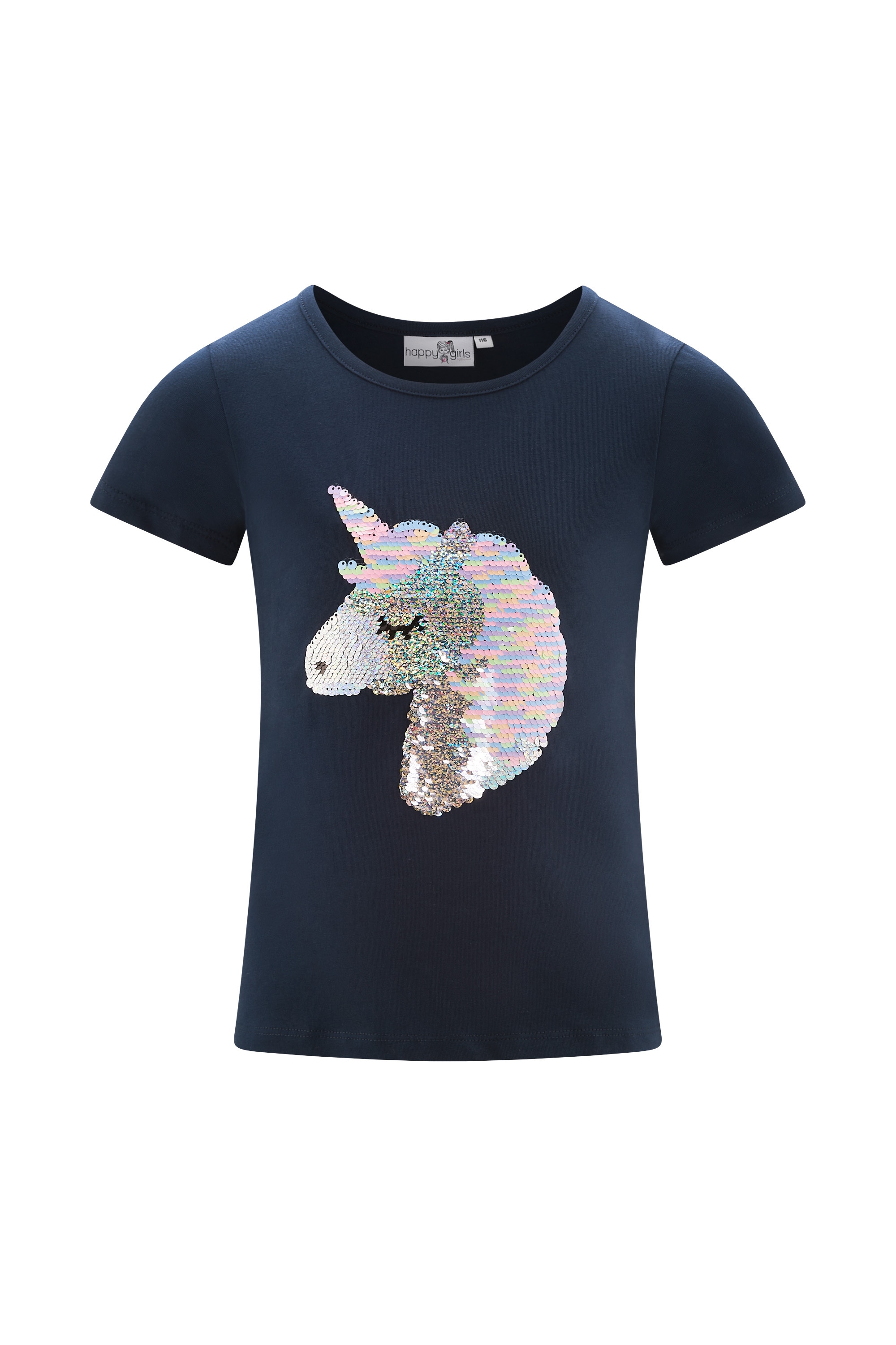 T-Shirt HAPPY GIRLS, Mädchen, Gr. 122, navy, Jersey, Obermaterial: 95% Baumwolle, 5% Elasthan, unifarben, Basic normal, Rundhals, Shirts T-Shirt, mit Wechsel-Pailletten