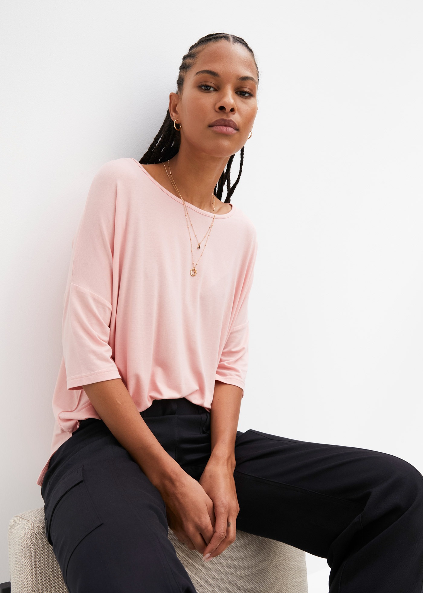 T-Shirt BONPRIX, Damen, Gr. 44/46 (L), bonbonrosa, Jersey, Obermaterial: 95% Viskose, 5% Elasthan, unifarben, oversize Po-bedeckend, U-Boot-Ausschnitt, Shirts T-Shirt, Oversize-Passform, Halbarm, U-Boot Ausschnitt