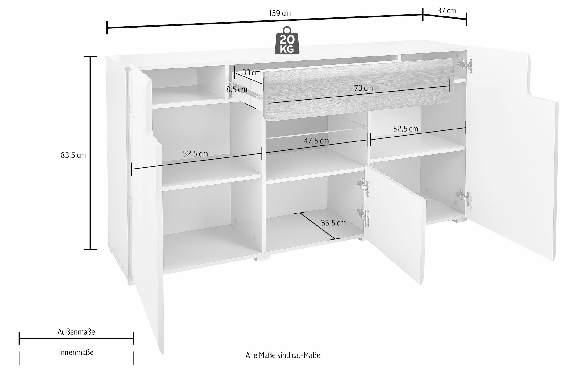 INOSIGN Sideboard »Toledo,Breite 159cm,moderne Anrichte mit dekorative Fräsungen,grifflos«, Kommode viel Stauraum, Einlegeböden verstellbar,ohne Beleuchtung