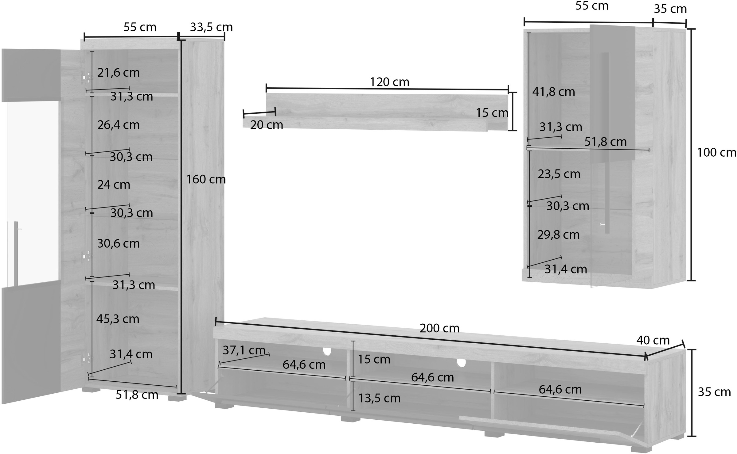 INOSIGN Wohnwand »Roger,Breite 255 cm moderne Mediawand ohne Beleuchtung«, (Set, 4 St.), Anbuwand (Set,4-St) viel Stauraum, Glastüren
