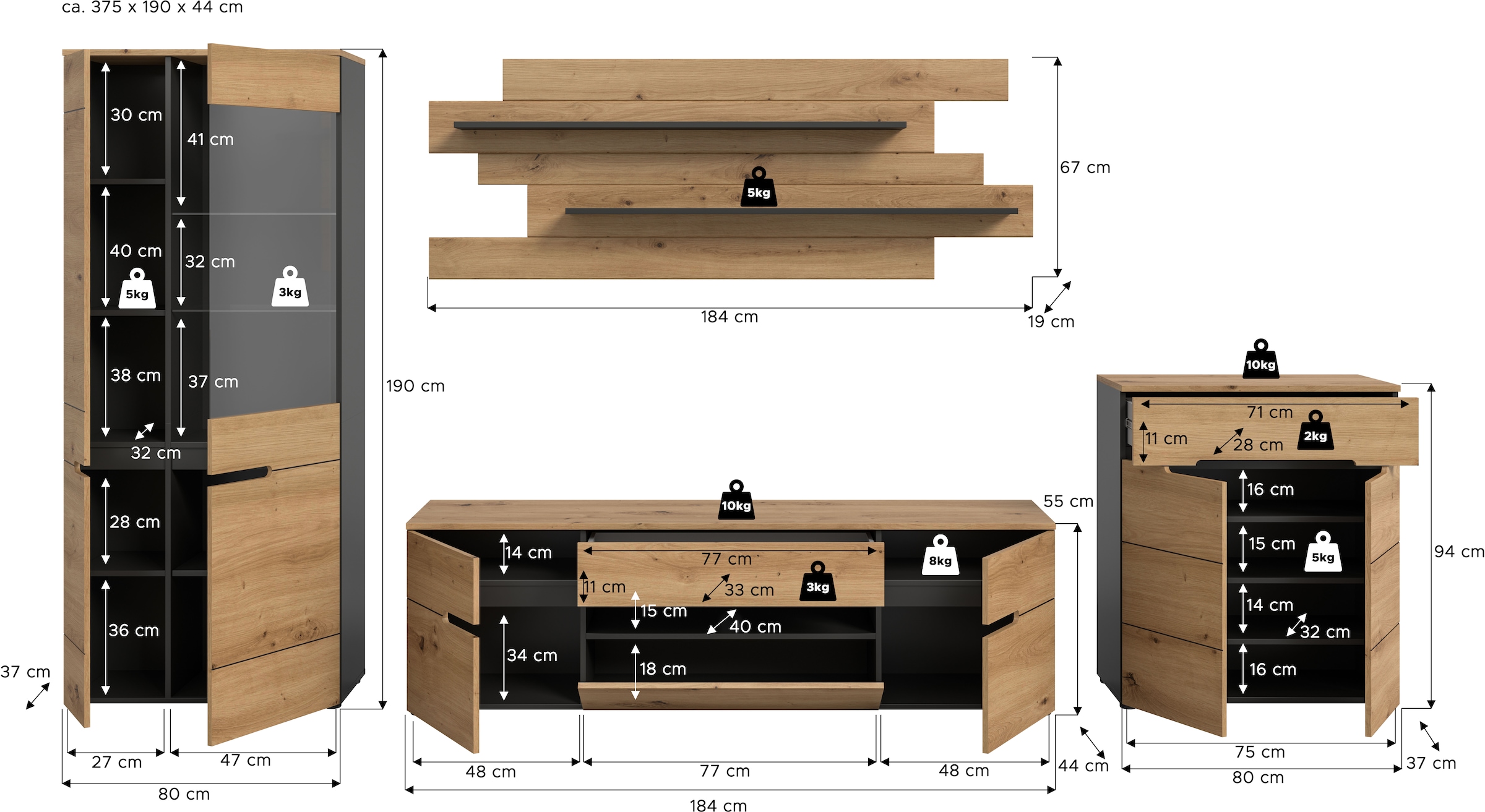 INOSIGN Wohnwand »REHAT, TOPSELLER!, 4-teilig, Breite 375 cm, individuell stellbar«, (4 St., Set bestehend aus: Vitrine, Lowboard, Wandboard und Kommode), Kombination, Anbauwand, Set, Wohn-Set, Wohnzimmer-Set, Schrankwand