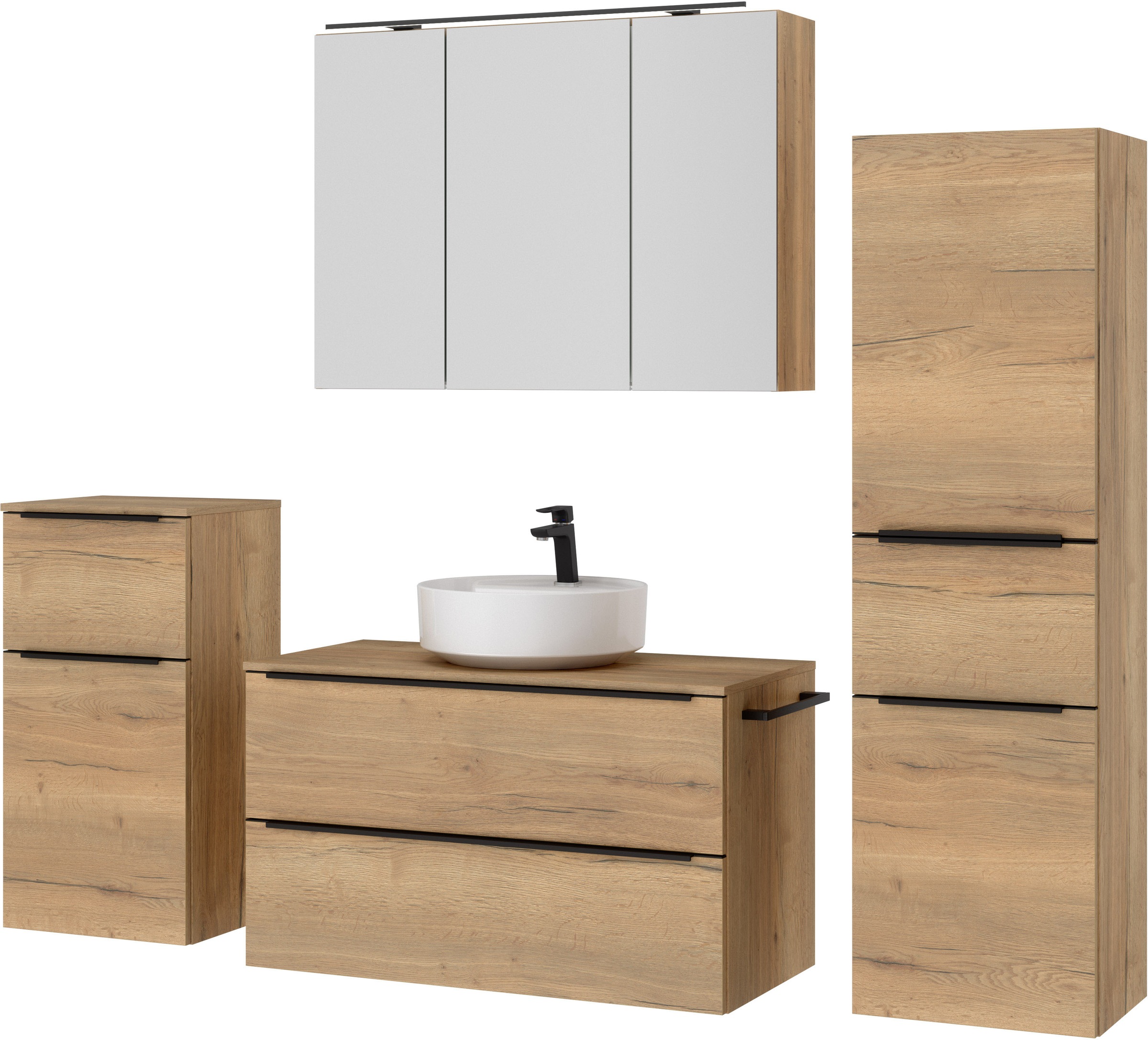 nobilia® Badmöbel-Set »Alvene«, (4 St., vormontiert, mit Soft-Close), inkl. Spiegelschrank mit Beleuchtung und Dimmerfunktion, in 4 Breiten