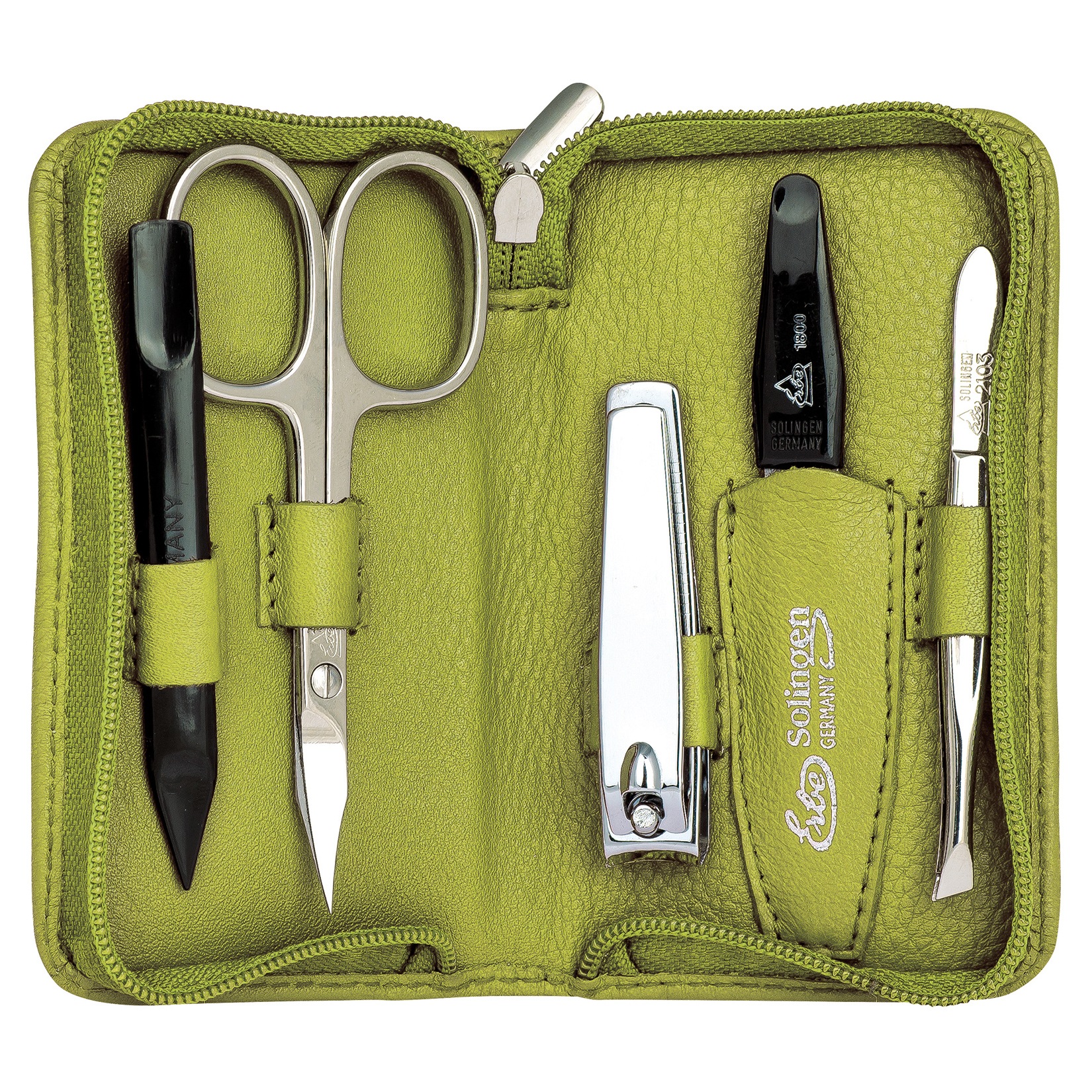 ERBE Maniküre-Etui "Lederetui mit Zippverschluss", B/H/T: 65mm x 105mm x 25mm 5, grün, B:65mm H:105mm T:25mm, Nageletuis, bestückt mit Solinger