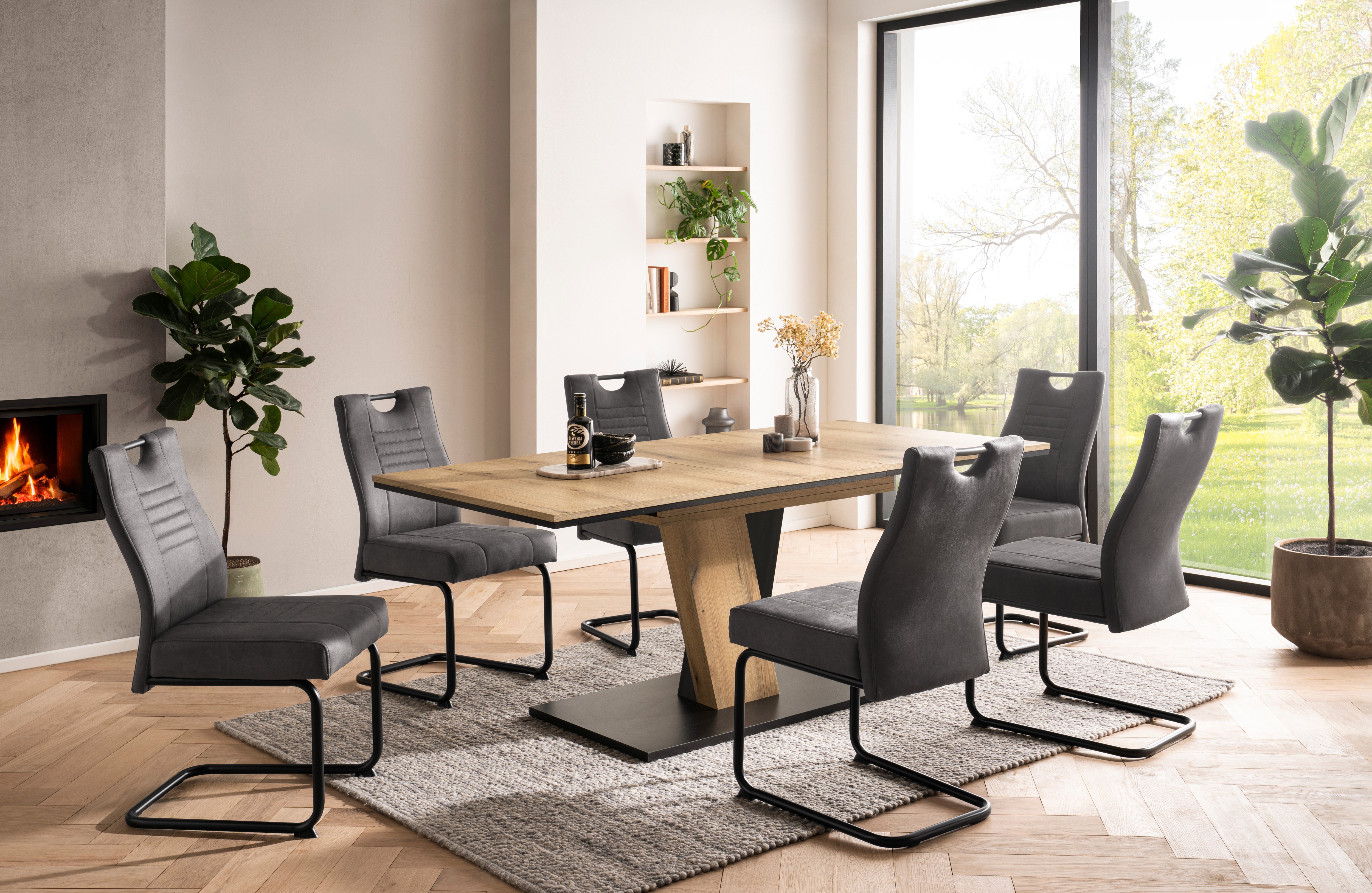 OTTO home Essgruppe ""Altona", Esstisch ausziehbar plus 6 Stühle" Esstisch ausziehbar 140 - 180 cm, 6 Freischwinger, 7 tlg. tlg. Säulentisch 140-180x90 cm, Stuhl mit Federkorb, 140 kg belastbar