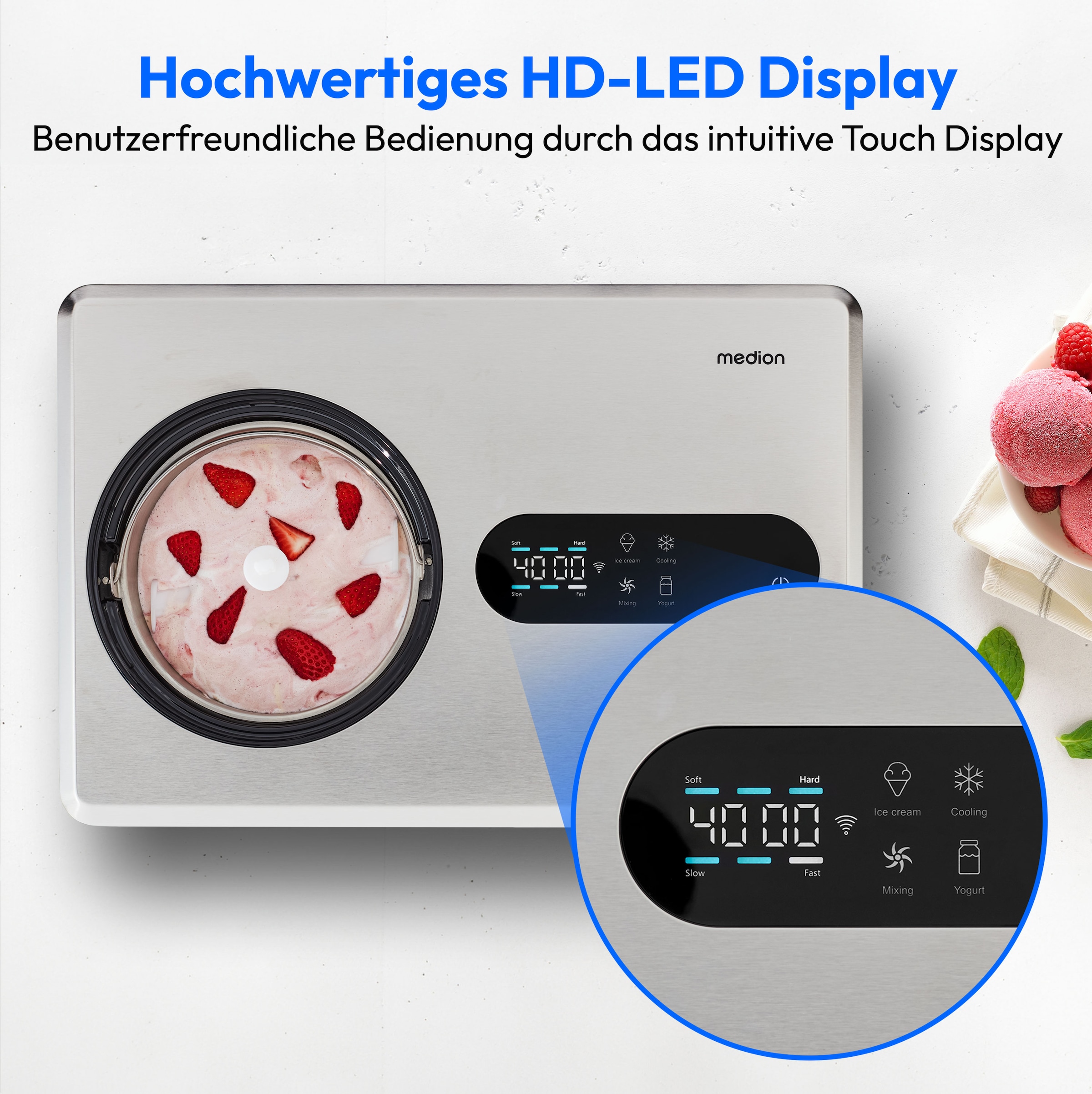 Medion® Eismaschine »MD 12170, 2 L Kapazität, integrierter Kompressor, Smartphonesteuerung«, 220 W, Herausnehmbarer Edelstahl-Eisbehälter, Sensor-Touch-LED-Display