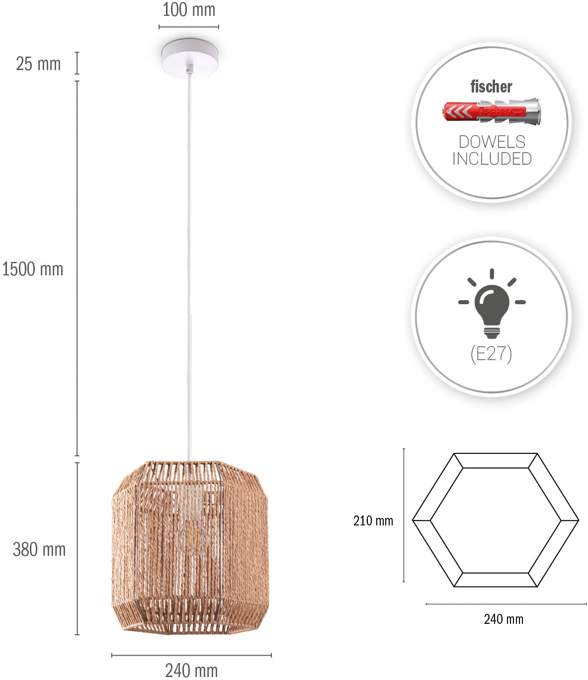 Paco Home Pendelleuchte »Hugo Pepe«, Leuchtmittel E27 | ohne Leuchtmittel, Wohnzimmer Esszimmer Rattan Optik Boho Schirm Papier Sechseckig