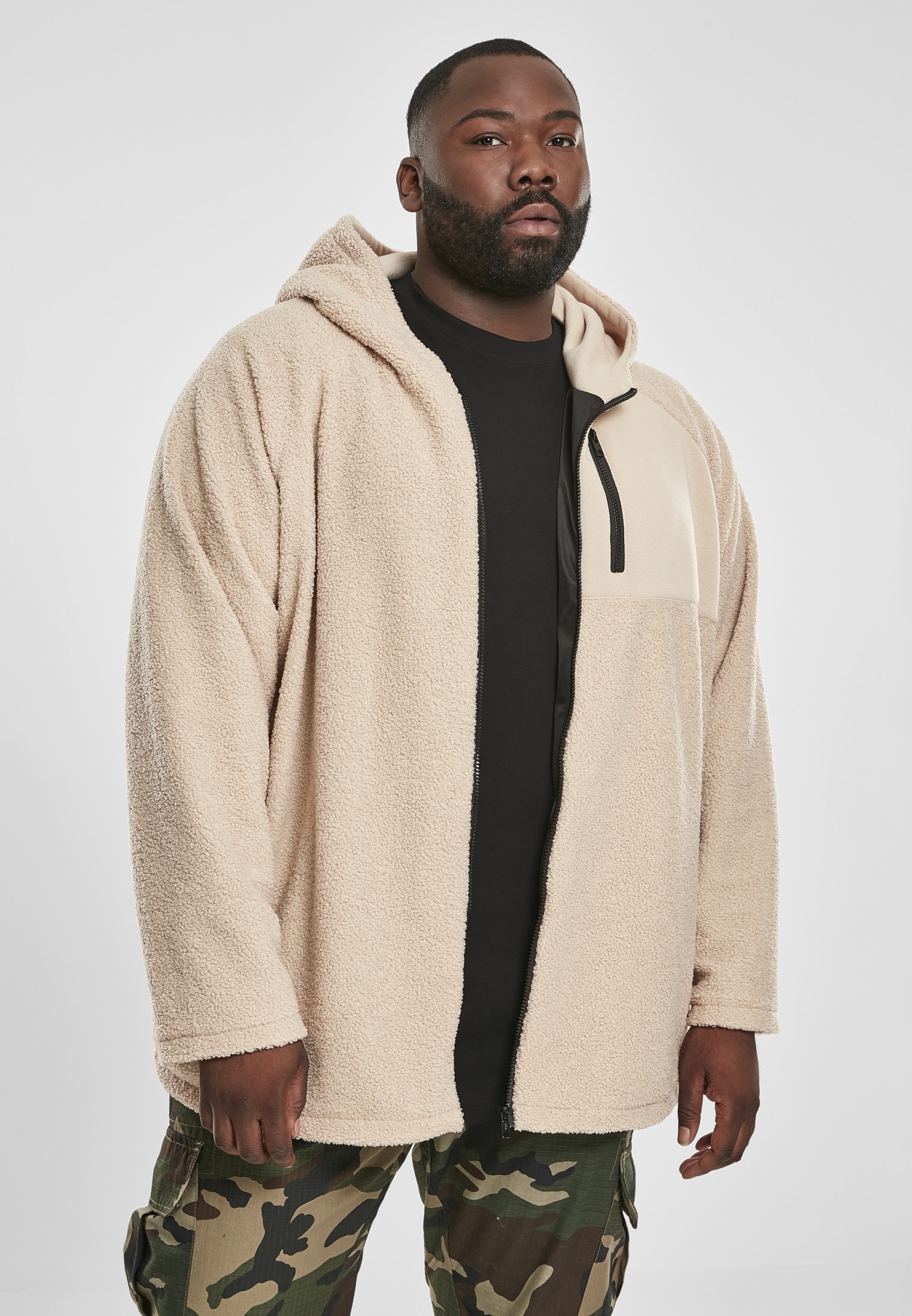URBAN CLASSICS Fleecejacke "Urban Classics Herren Hooded Sherpa Zip Jacket" 1 Stk. tlg. mit Kapuze