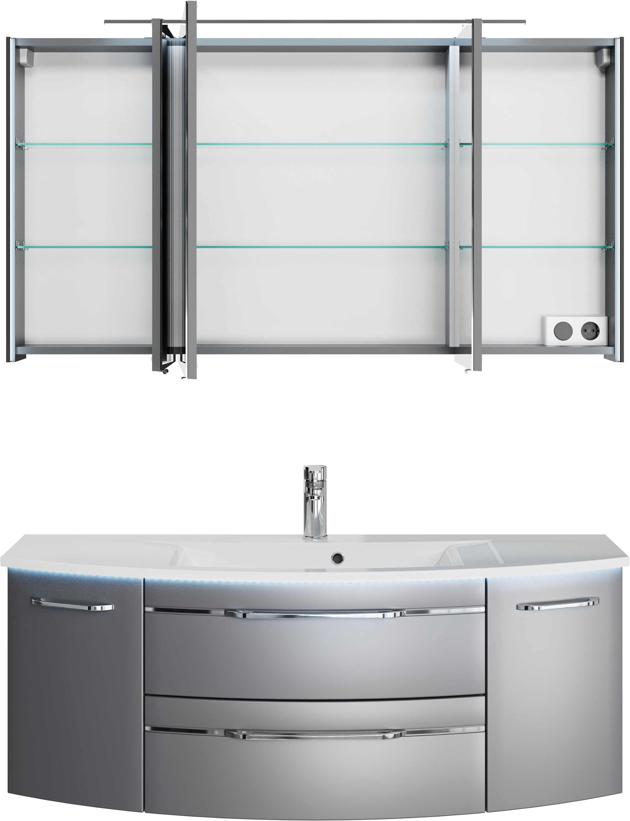 Saphir Badmöbel-Set »Serie 7045 2-teilig Mineralmarmor-Waschtisch mit LED-Spiegelschrank«, (Set, 2 St.), Badezimmer-Set 133,2 cm breit, inkl. Türdämpfer, 5 Türen, 2 Schubladen