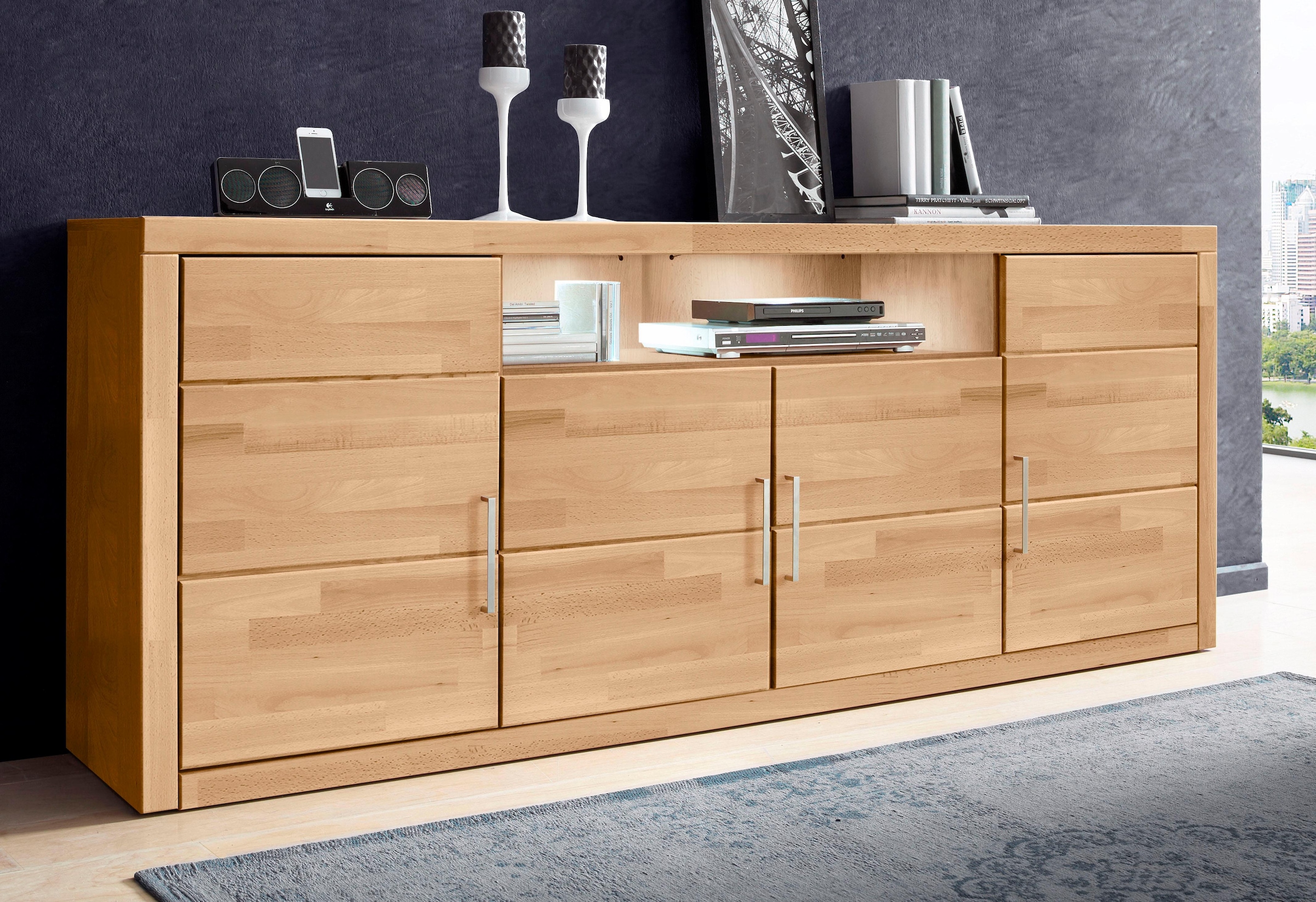 Home affaire Sideboard "Logo,200cm breit,42 cm tief,Fronten Massivholz,11 F günstig online kaufen
