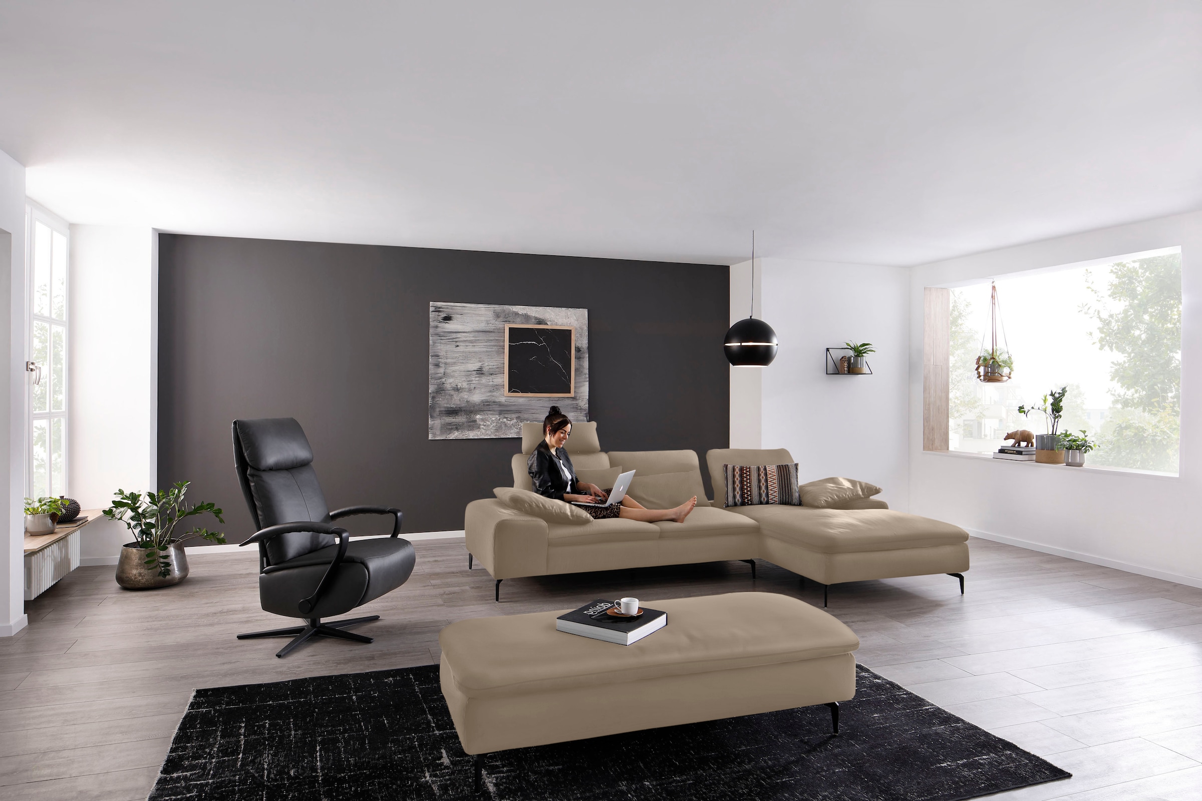 W.SCHILLIG Ecksofa "valentinoo, Designsofa, bequem, elegant und zeitlos, L-Form" inklusive Hocker, mit Sitztiefenverstellung, Breite 299 cm