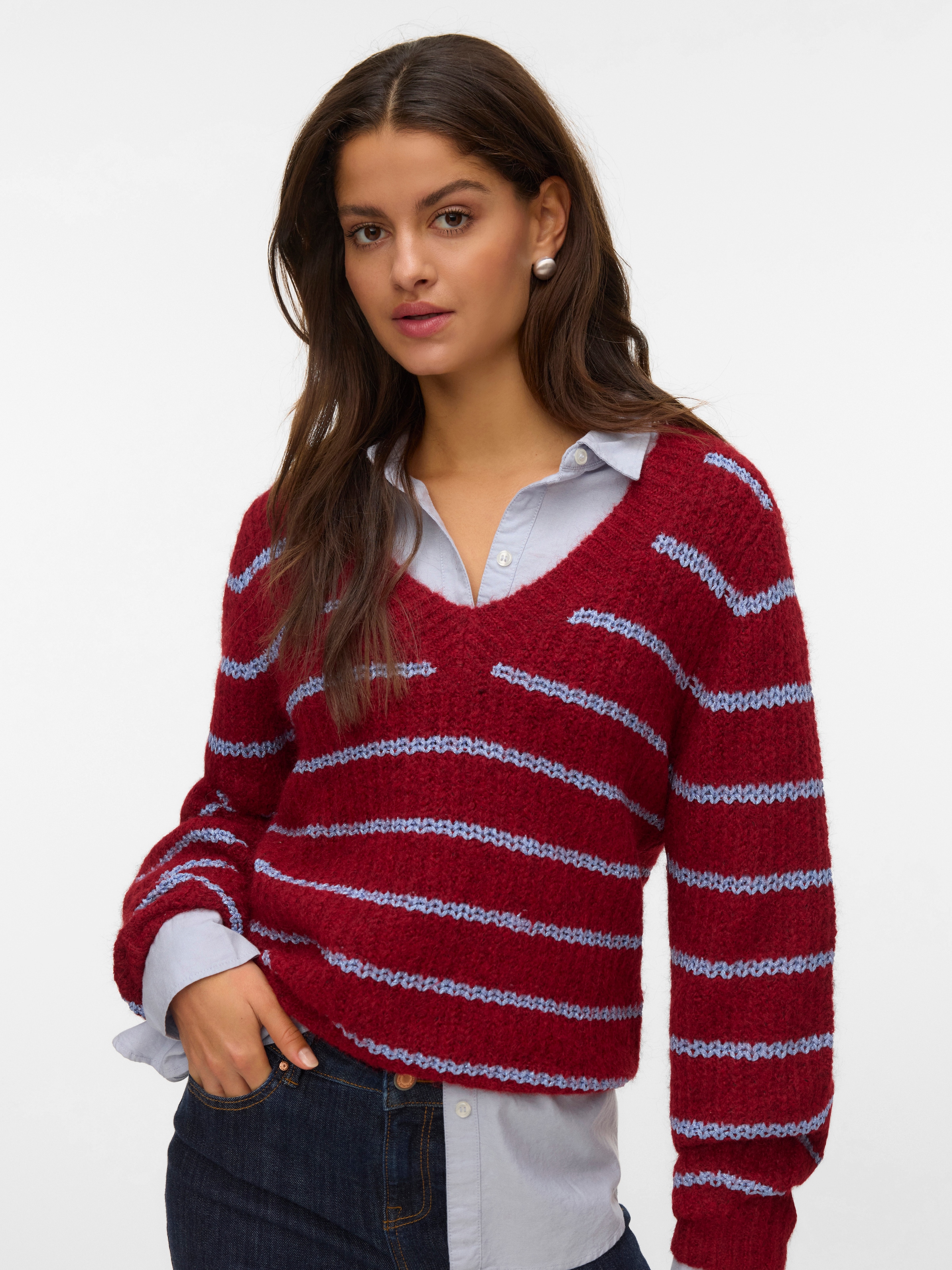 Vero Moda V-Ausschnitt-Pullover "VMAWESOME SHINE LS V-NCK STRIPE PULL BOO" günstig online kaufen