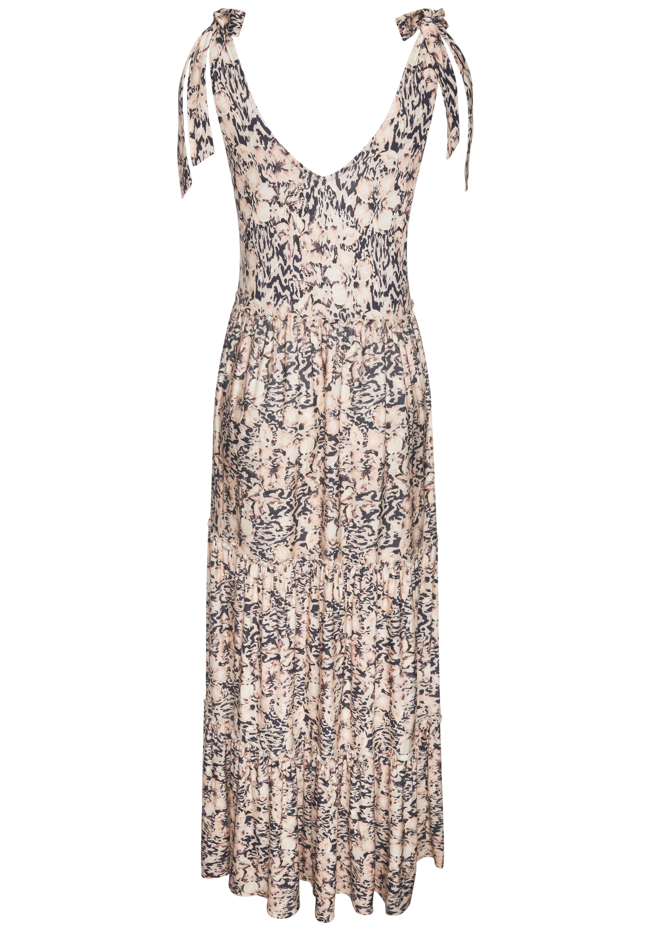 Buffalo Maxikleid »in lockerem Schnitt mit gestuftem Rockteil und Blumendruck« Ohne Taschen langes Strandkleid, Sommerkleid aus Viskose, luftiges Jerseykleid