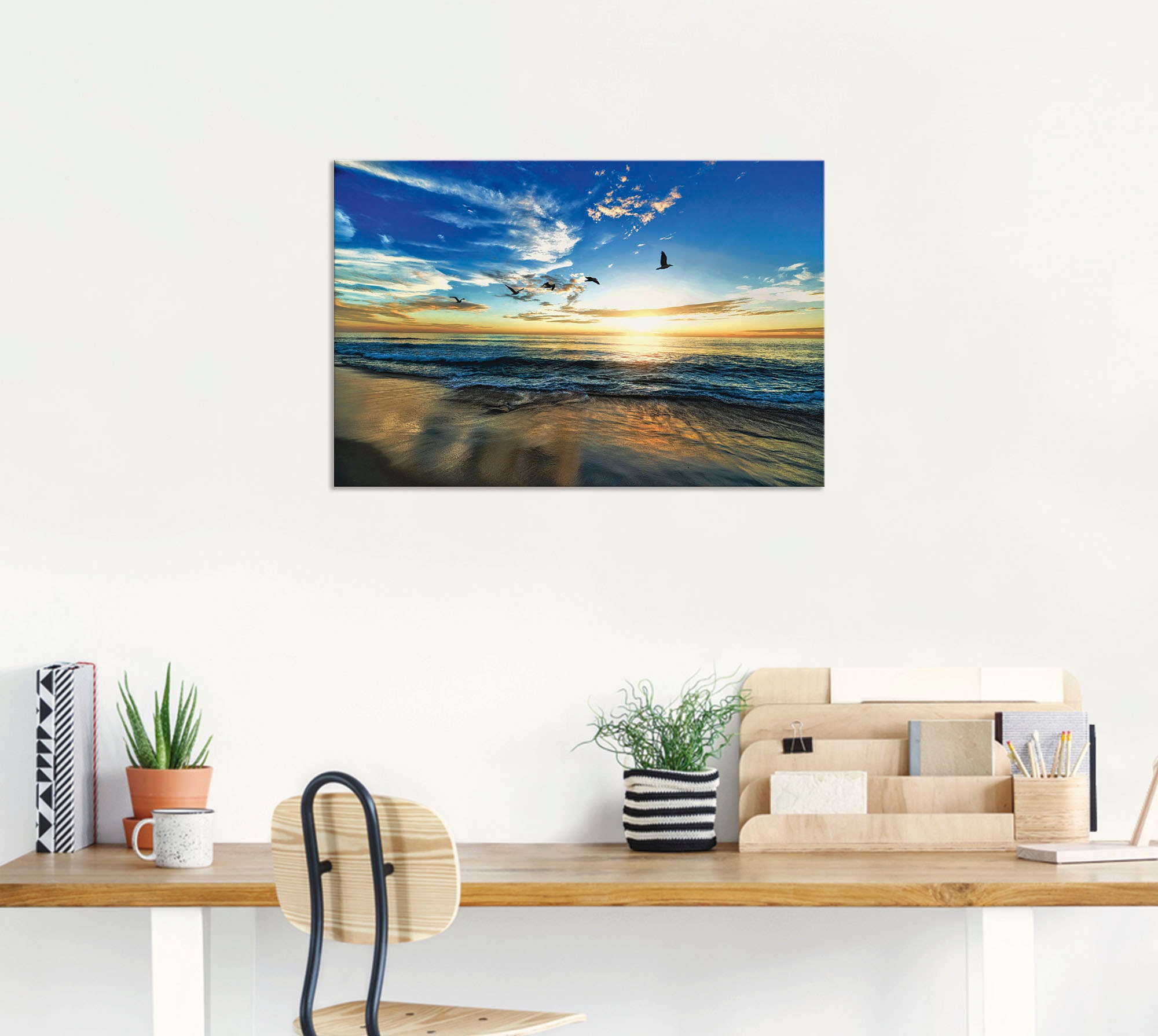 Artland Wandbild »Strand Möwen Meer Sonnenuntergang«, Sonnenaufgang & -untergang, (1 St.), als Alubild, Outdoorbild, Leinwandbild, Poster, Wandaufkleber