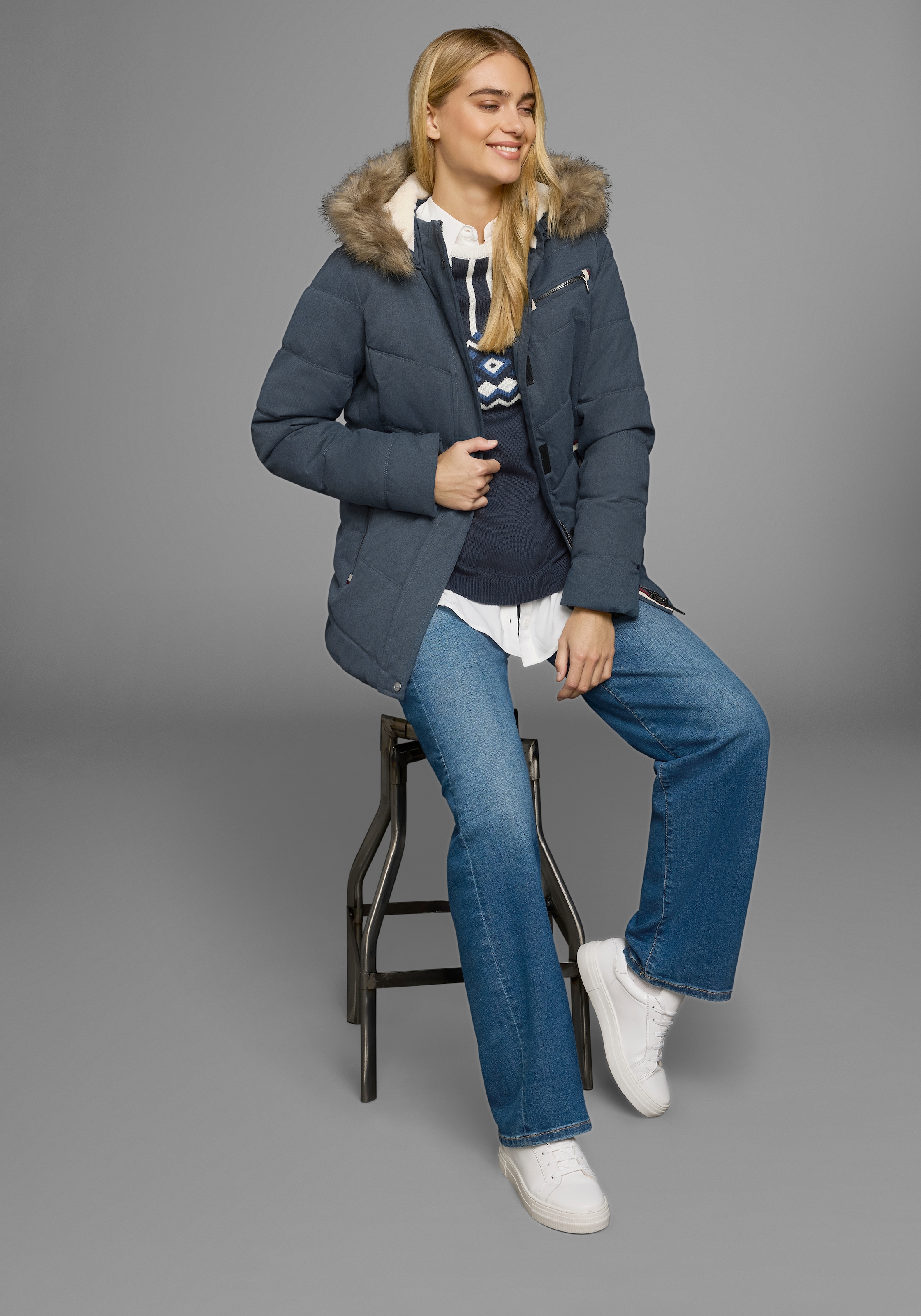Polarino Steppjacke, mit Kapuze, mit abnehmbarer Kapuze, mit Fellimitat, viele Taschen