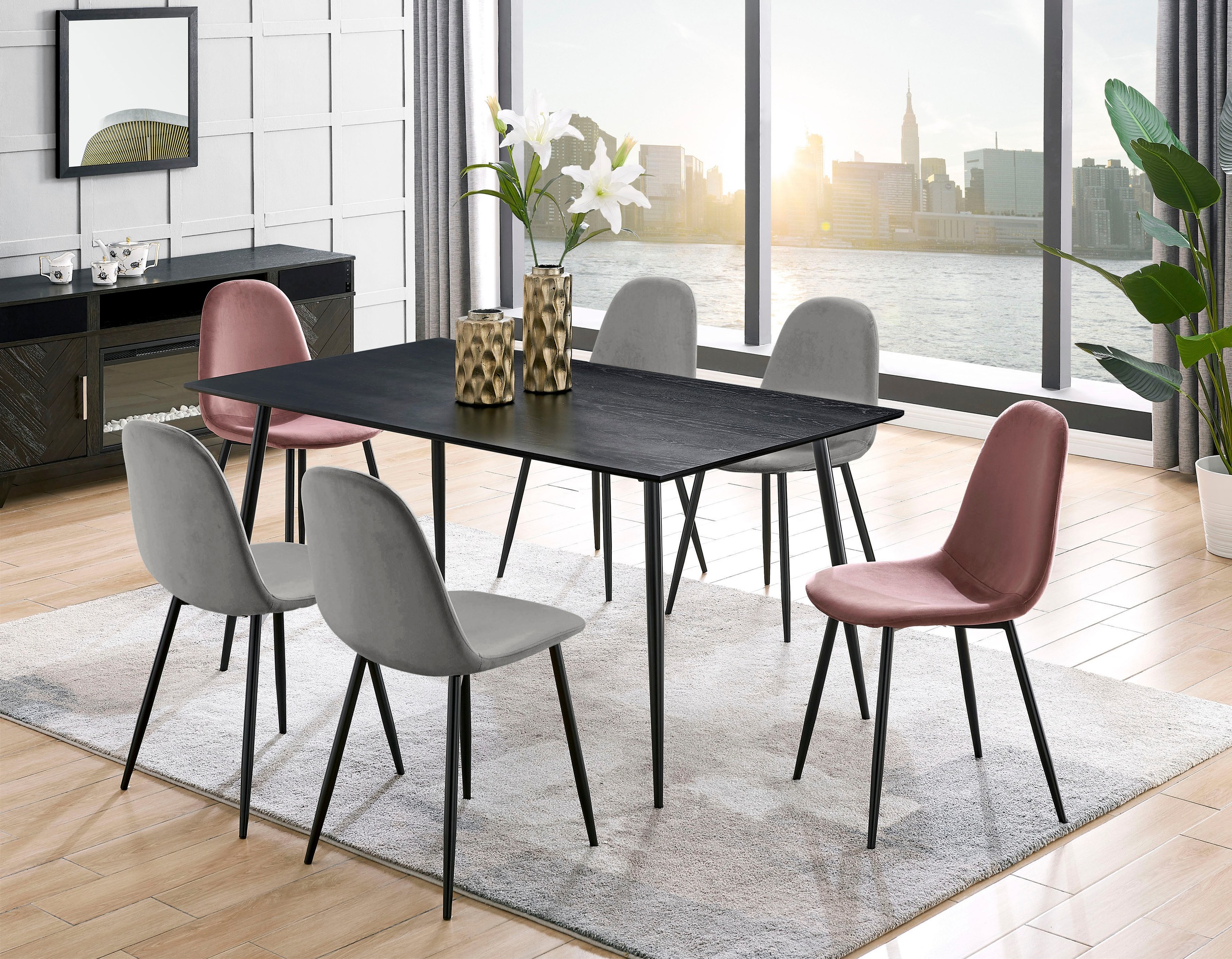 Leonique Essgruppe »Eadwine, TOPSELLER! Tisch plus 4 Stühle, Sitzgruppe«, (Set, 5 tlg., Esstisch plus 4 Esszimmerstühle), bestehend aus Esstisch 160 cm und 4 Esszimmerstühlen, Polsterstühlen