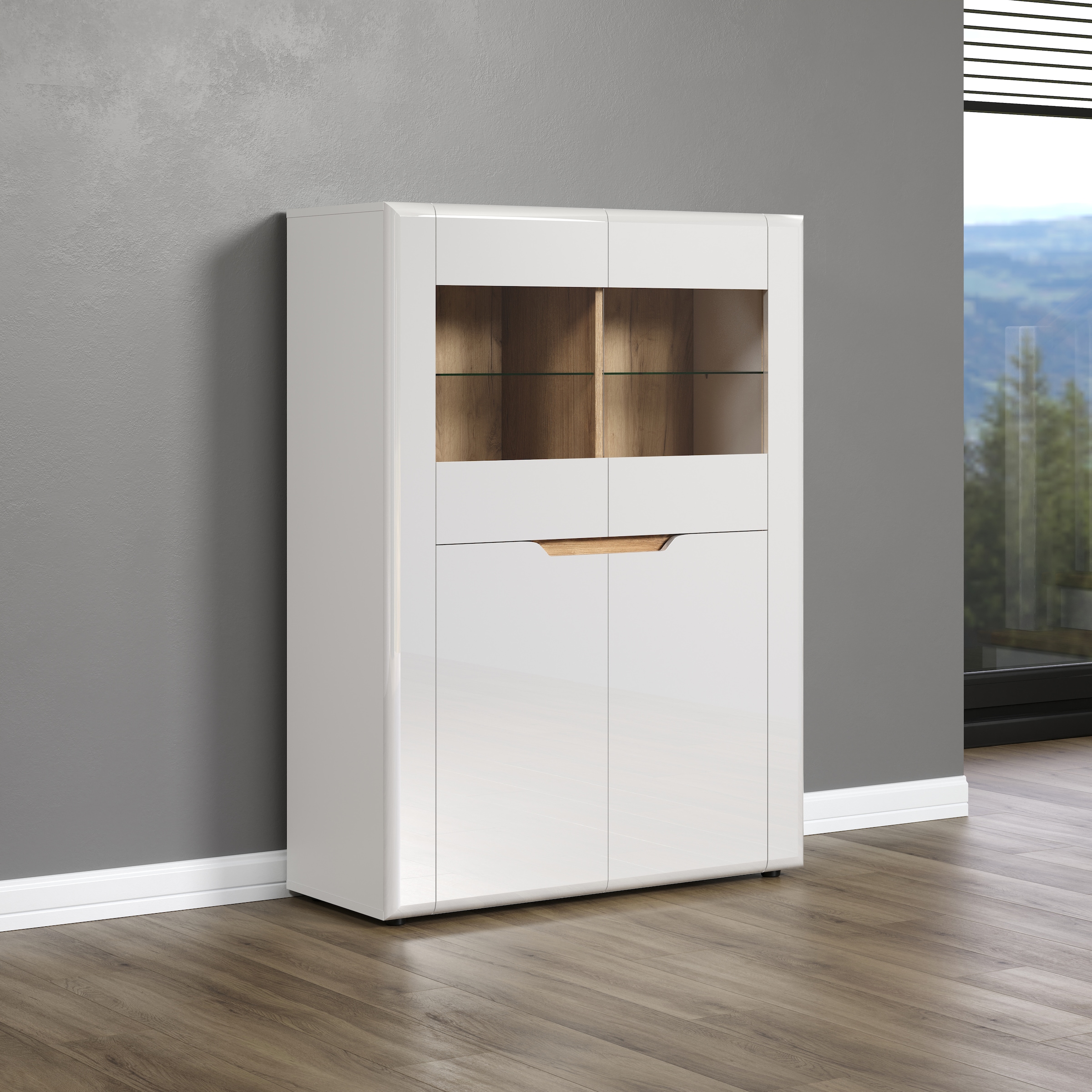 INOSIGN Vitrine »Graz Highboard mit Glastüren«, (Packung, 1 St.), Grifflos, Breite 96 cm, Höhe 132 cm